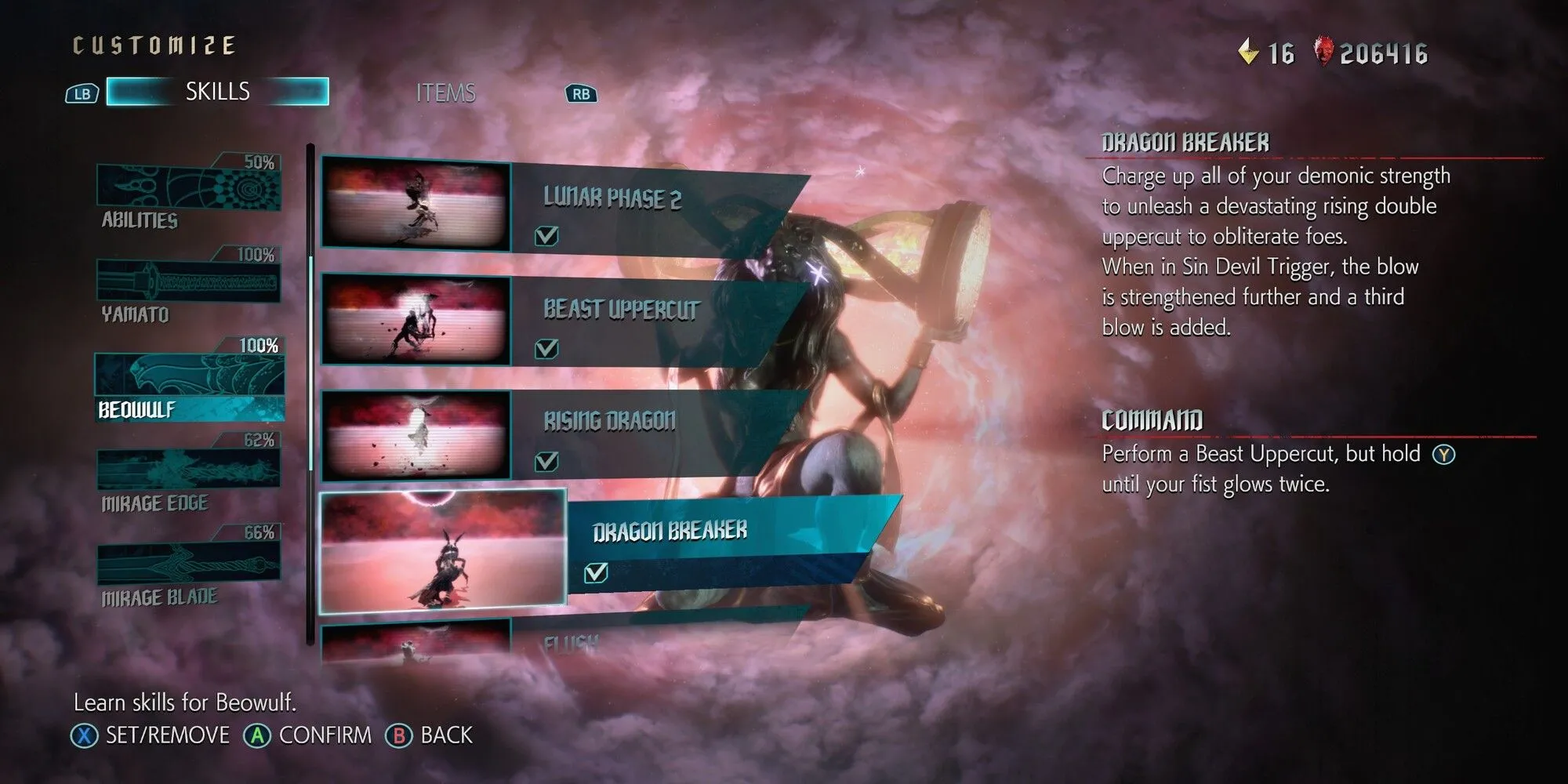 Vergil sử dụng kỹ năng Dragon Breaker từ vũ khí Beowulf gây sát thương cực lớn trong Devil May Cry 5