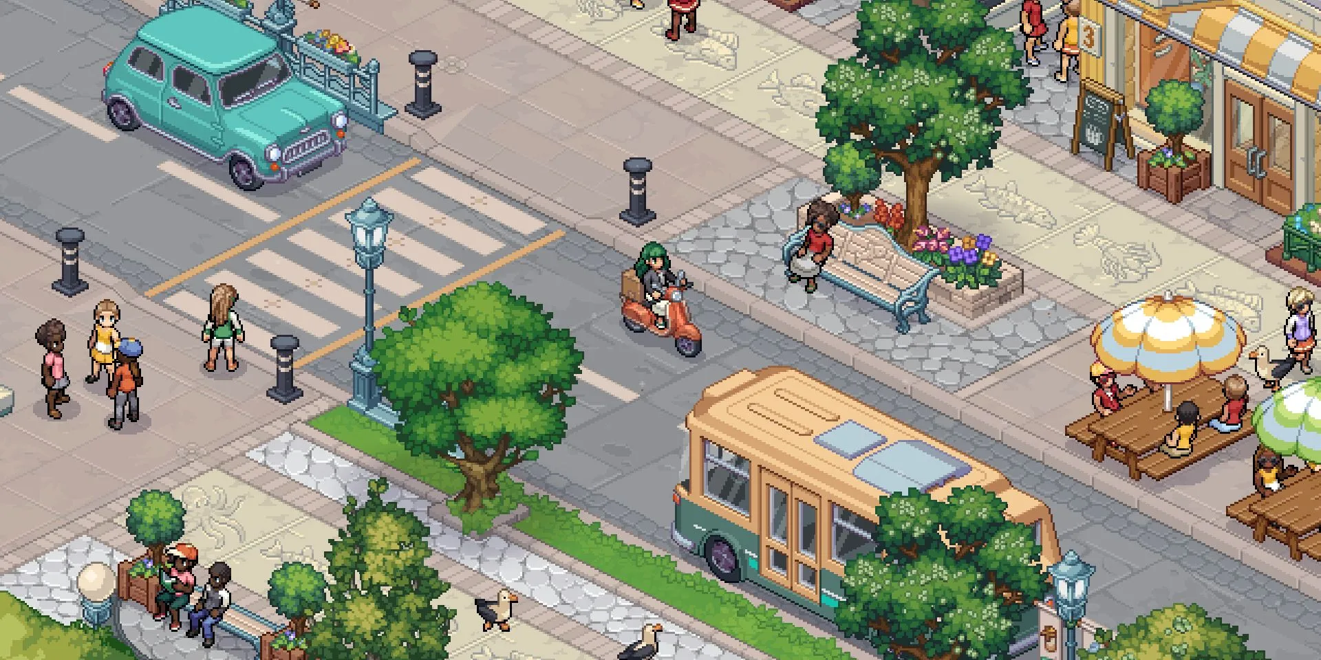 Witchbrook Screenshot, featuring the player character scootering across the road.
