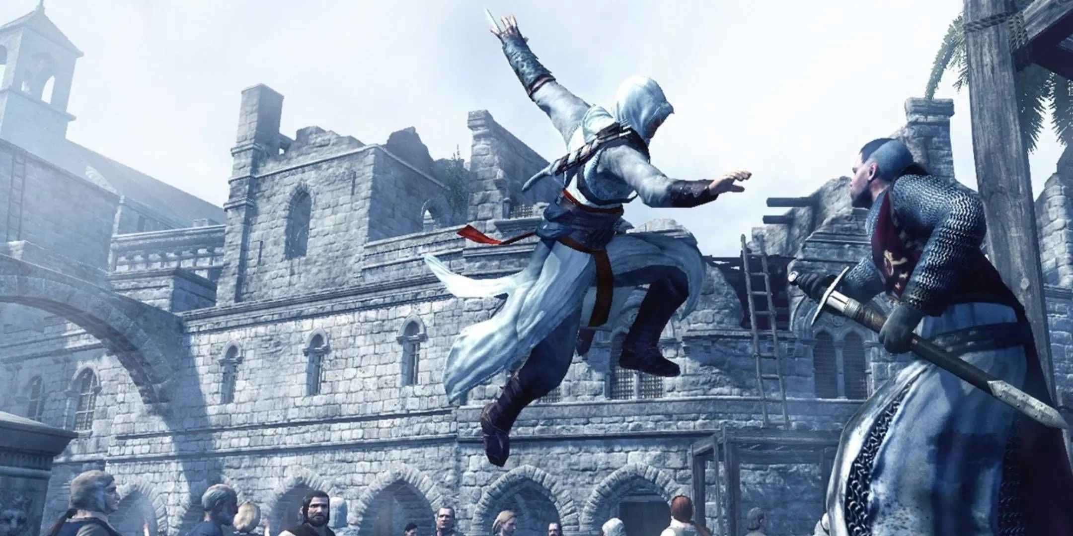 Altair nhảy về phía mục tiêu với lưỡi dao ẩn trong Assassin's Creed, cảnh tượng đặc trưng của lối chơi hành động lén lút