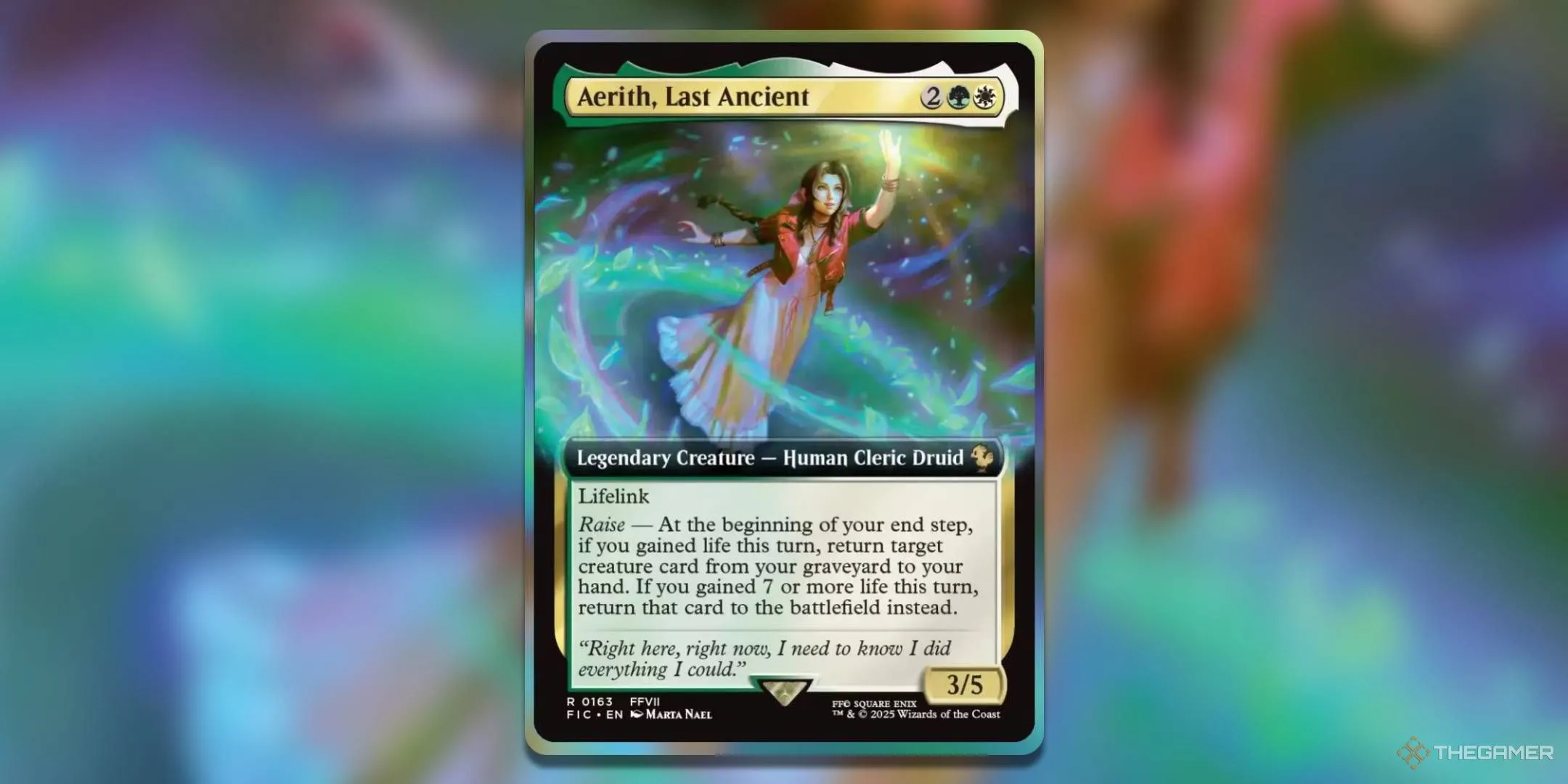 Artwork thẻ Magic The Gathering Aerith Last Ancient bởi Marta Nael, khắc họa hình ảnh hậu duệ Cetra cuối cùng tỏa sáng kỳ ảo