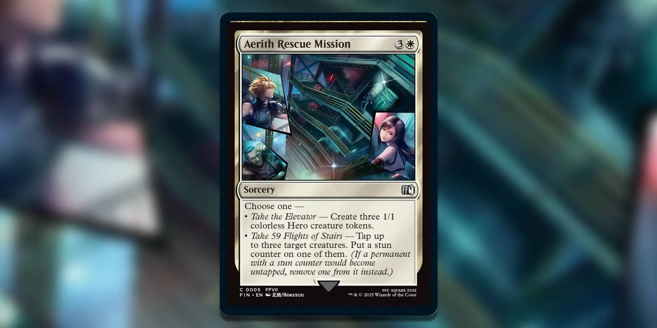 Artwork thẻ Magic The Gathering Aerith Rescue Mission minh họa hành trình leo tháp Shinra HQ giải cứu Aerith của Cloud, Tifa, Barret bởi HOKOYUU