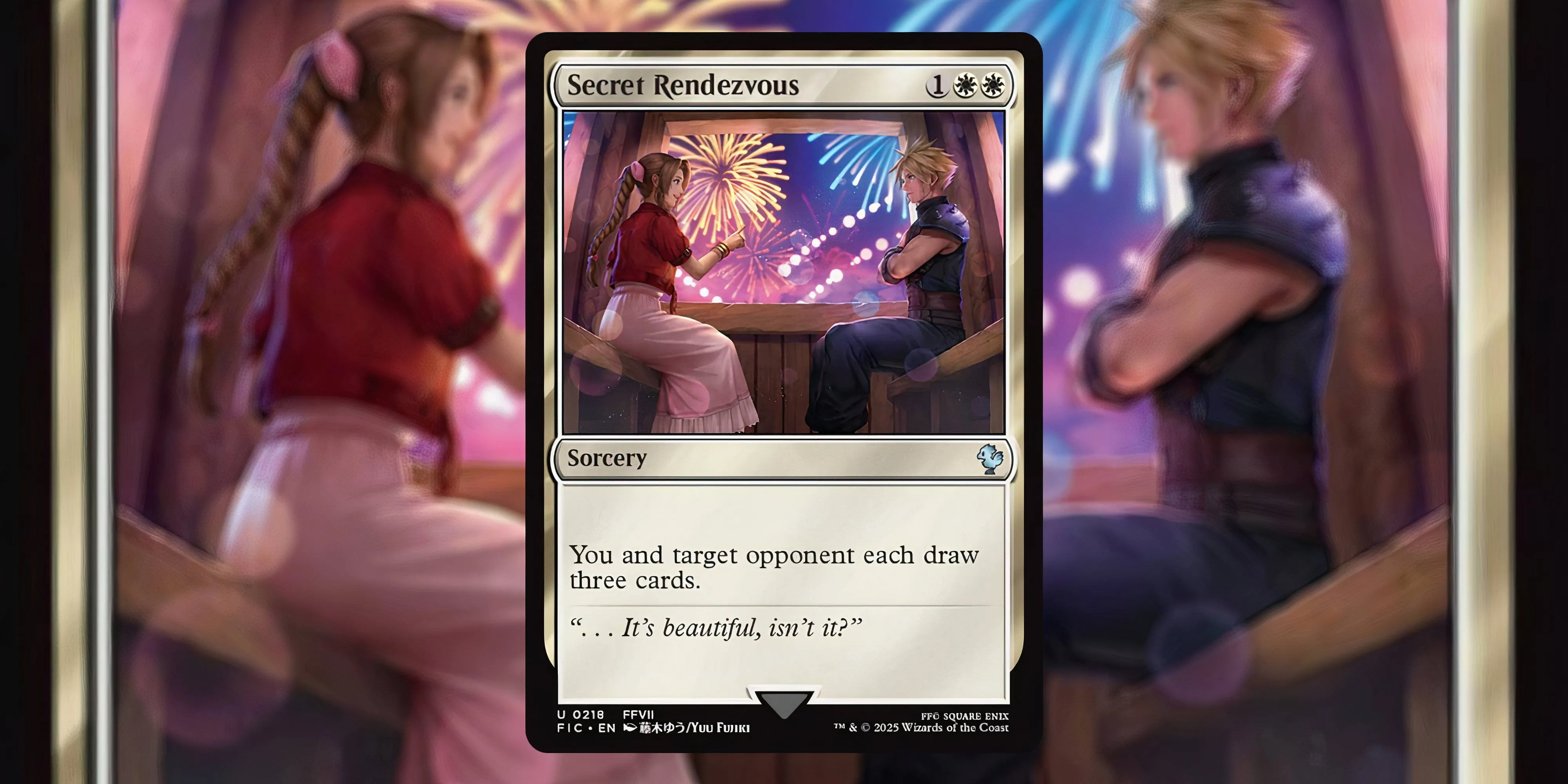 Artwork thẻ Magic The Gathering Secret Rendezvous phiên bản Aerith minh họa cảnh hẹn hò tại Gold Saucer của Cloud và Aerith, bởi Yuu Fujiki
