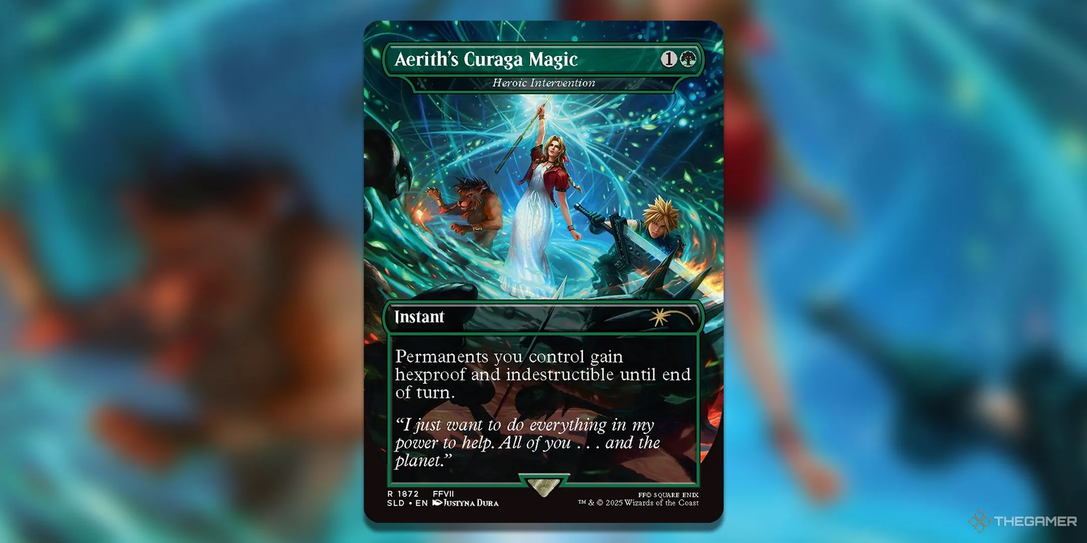 Artwork toàn cảnh thẻ Magic The Gathering Aerith Curaga Magic bởi Justyna Dura, minh họa Aerith thi triển phép lên Cloud và Red XIII