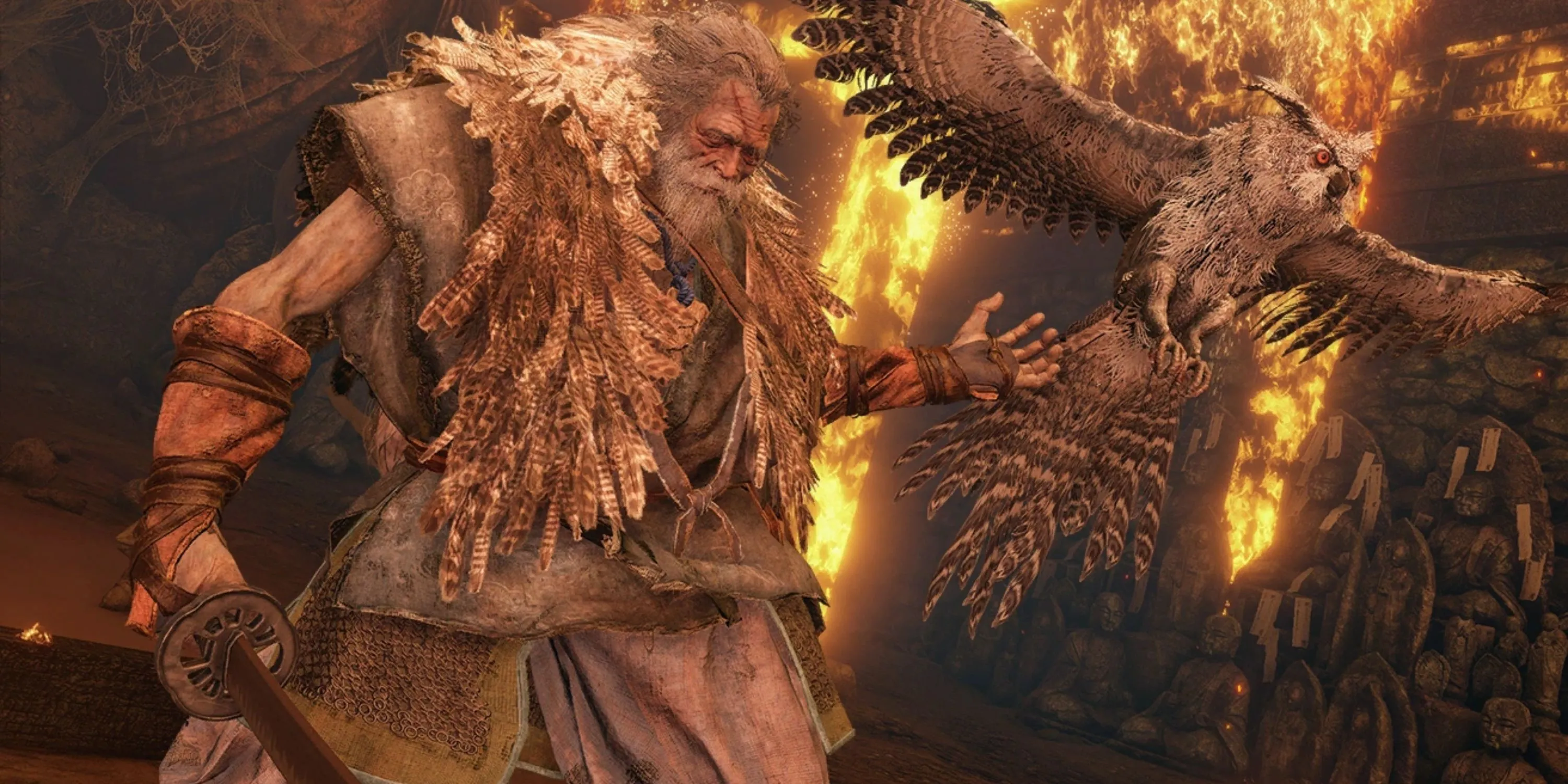 Cha Sói đứng trong tòa nhà đang cháy với con cú bay bên cạnh trong Sekiro Shadows Die Twice, cảnh tượng then chốt dẫn đến một trong những cái kết