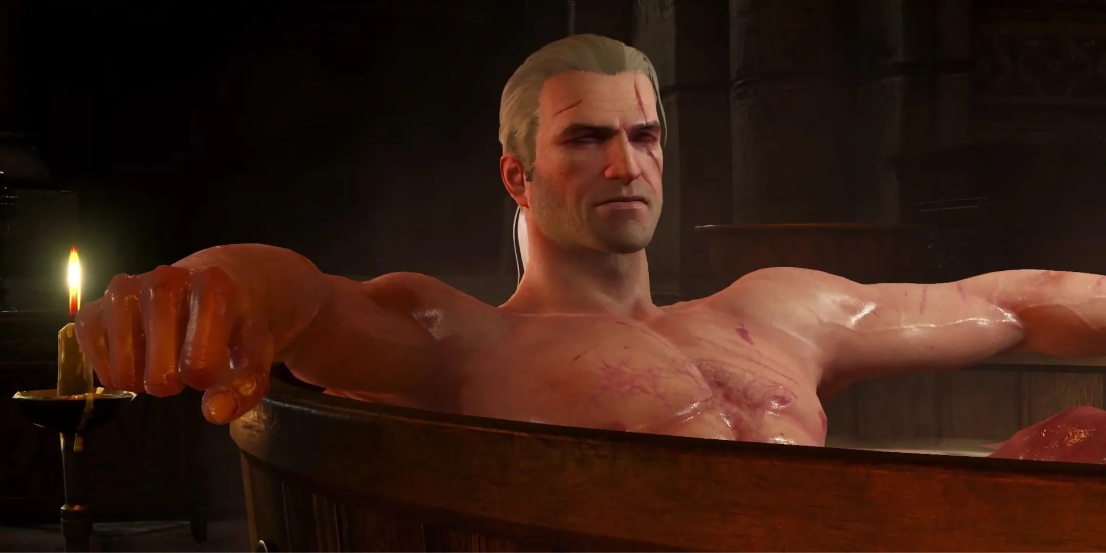 Geralt thư giãn trong bồn tắm tại Corvo Bianco sau khi giải nghệ trong The Witcher 3 Blood and Wine