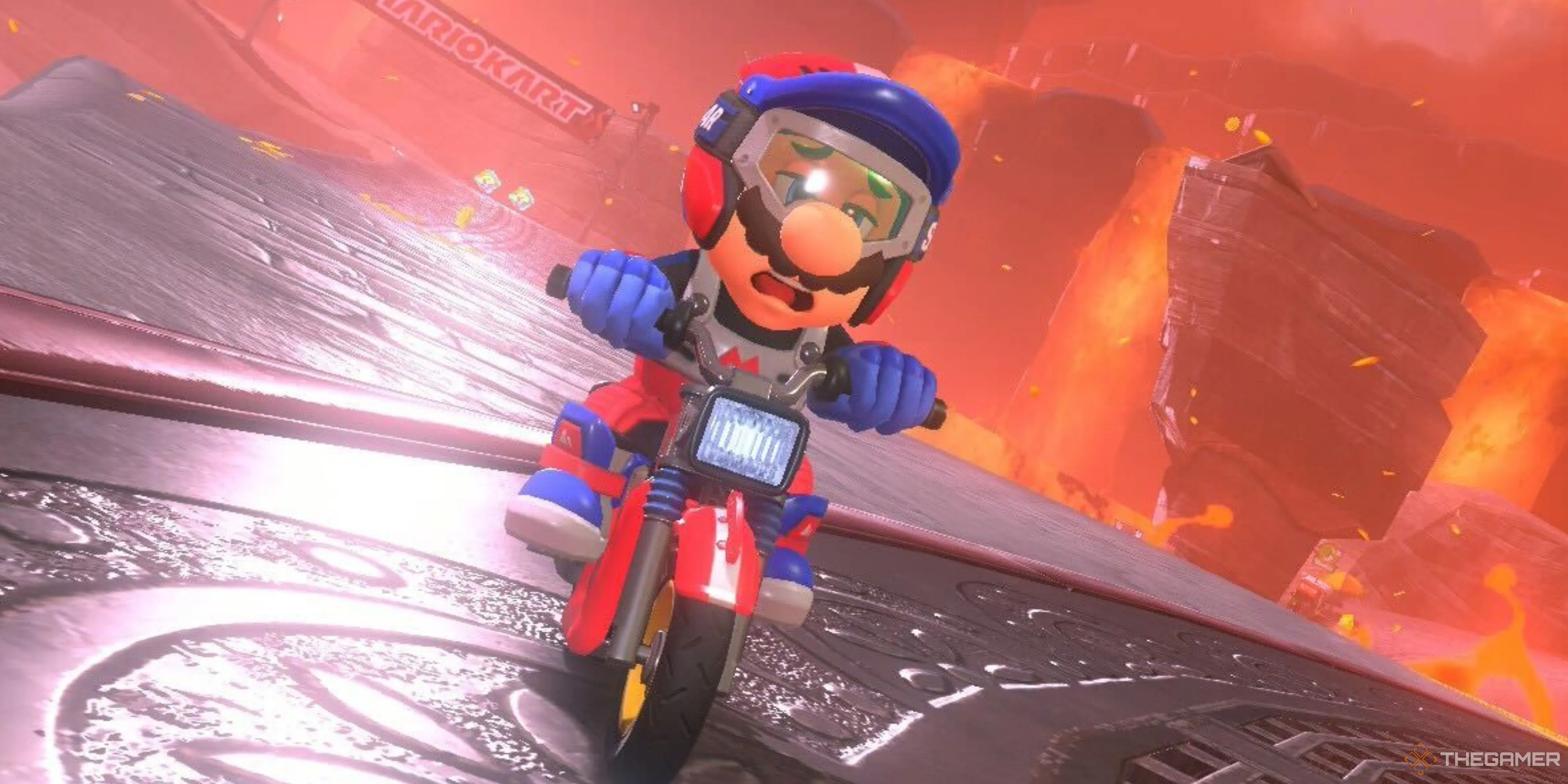Mario trên xe máy trong Mario Kart World