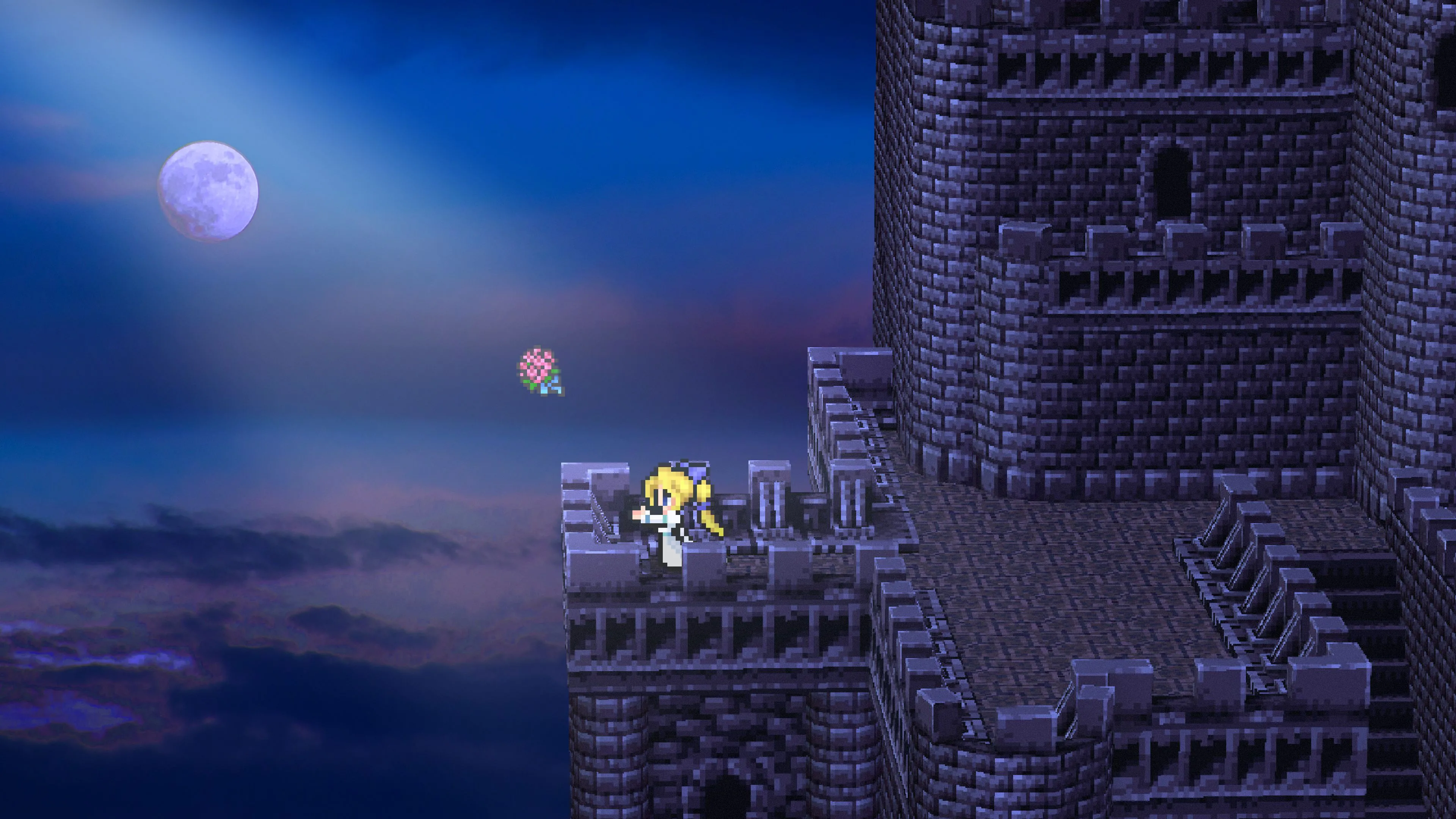 Nhân vật đứng trên ban công ngắm trăng trong Final Fantasy 6