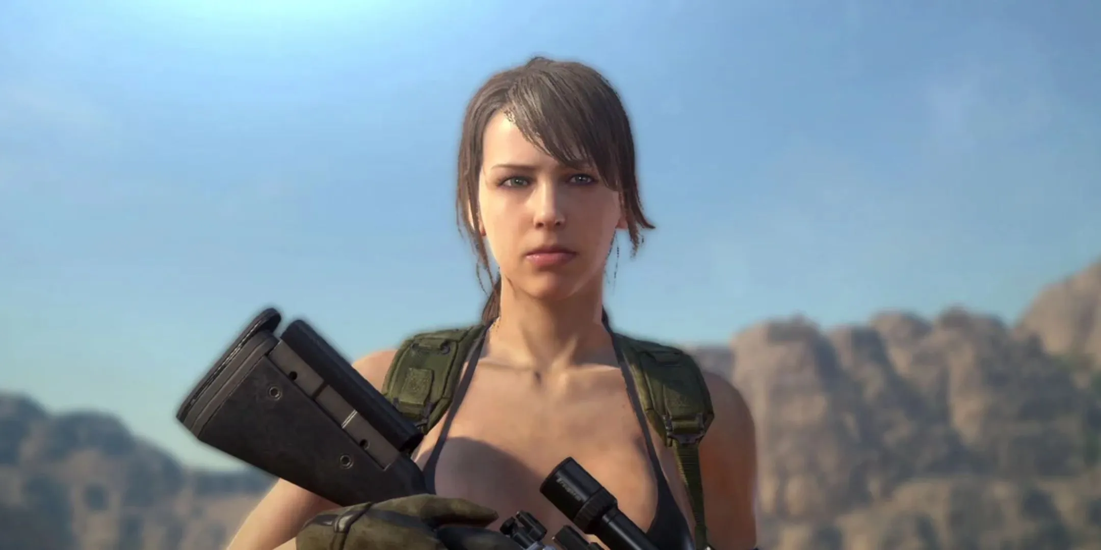 Nhân vật Quiet nhìn thẳng vào camera trong Metal Gear Solid 5 Phantom Pain, một biểu tượng đáng nhớ của game