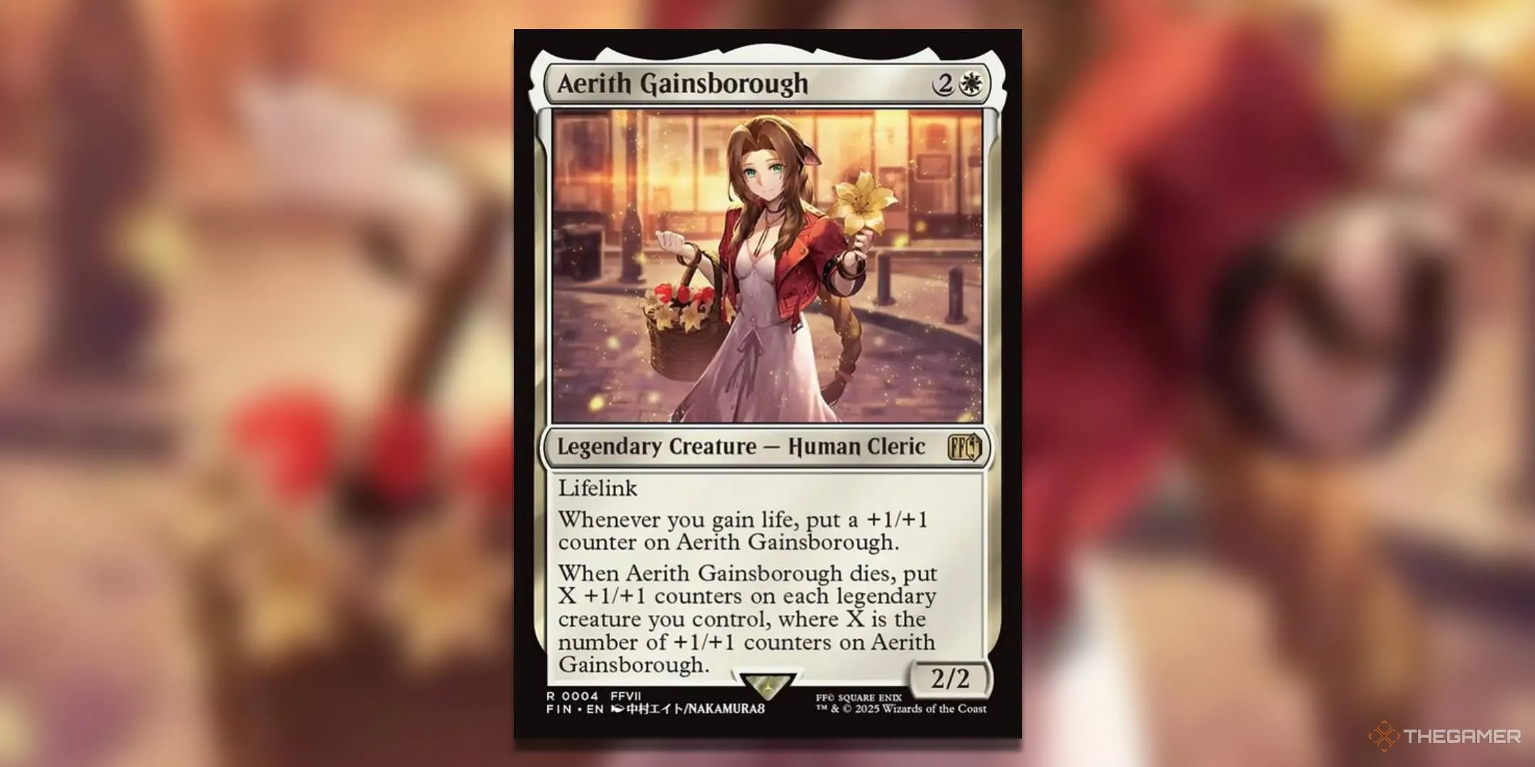Thẻ Magic The Gathering Aerith Gainsborough phiên bản tiêu chuẩn với bối cảnh cuộc gặp đầu tiên ở Midgar, minh họa bởi NAKAMURAB