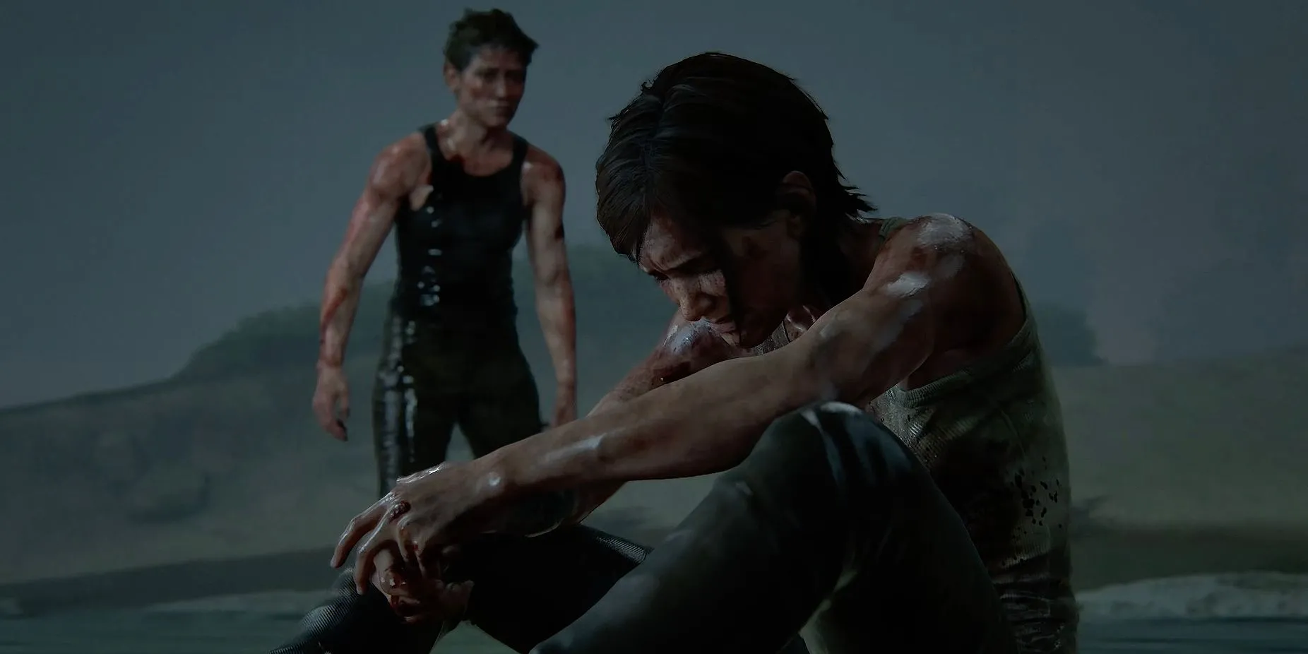 Abby nhìn Ellie đang ngồi trên mặt đất trong cảnh cuối cùng của The Last Of Us Part 2 với ánh mắt phức tạp