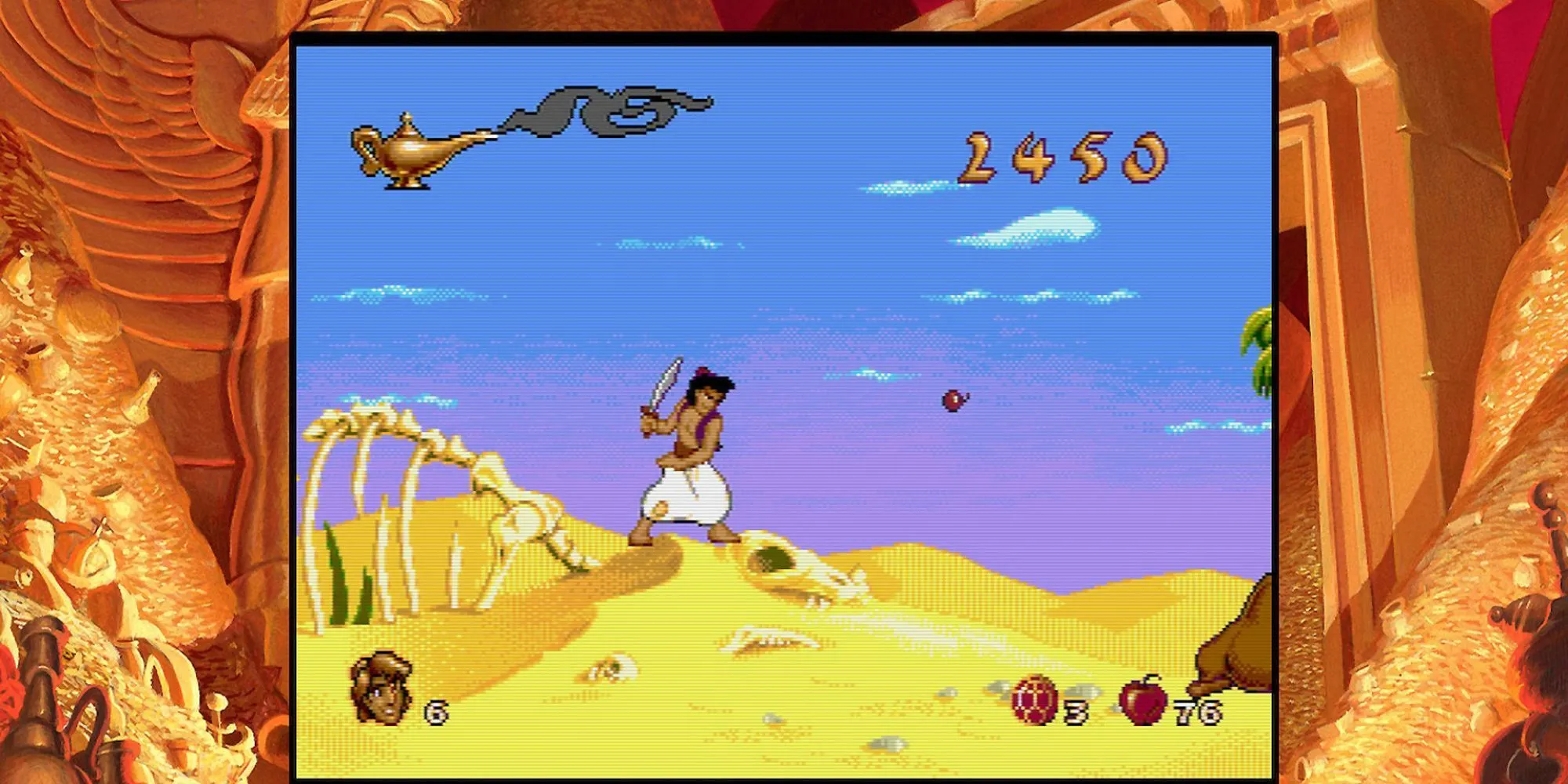Aladdin đang đu dây và nhảy qua các mái nhà trong màn chơi Agrabah của game Disney's Aladdin trên Sega Genesis