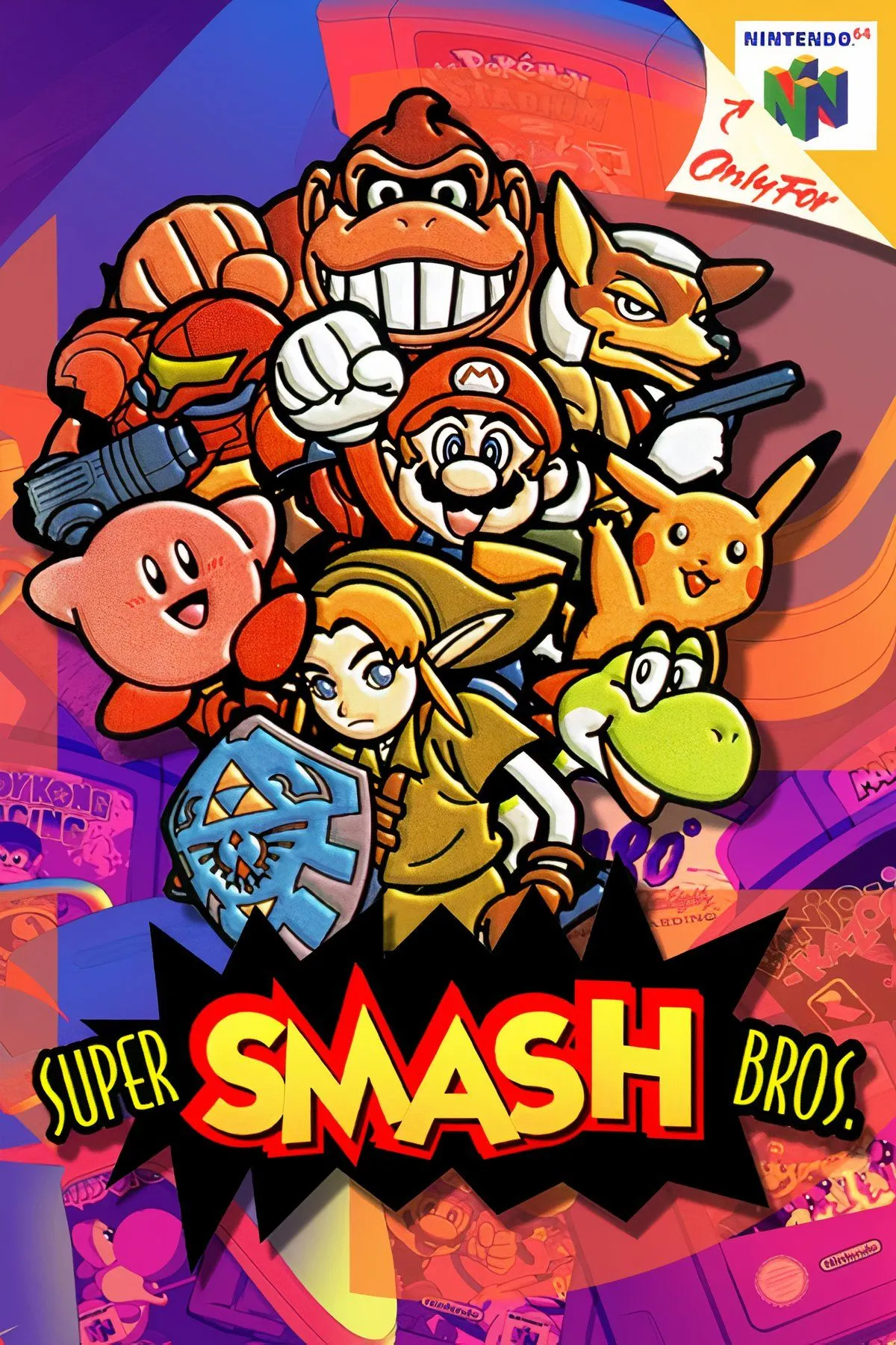 Ảnh bìa game Super Smash Bros. (N64) có logo đặc trưng và hình ảnh các nhân vật như Pikachu