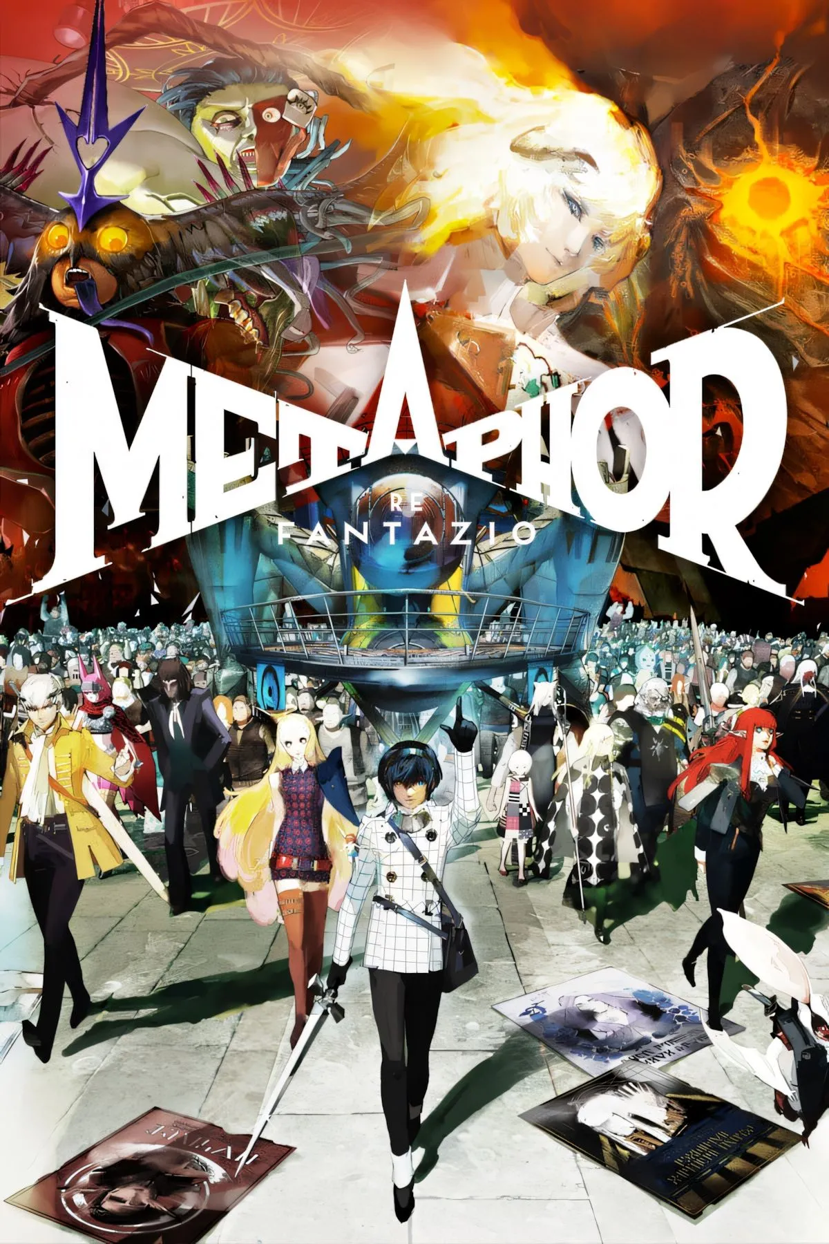 Ảnh bìa Metaphor ReFantazio với các nhân vật chính và phong cách đồ họa đặc trưng