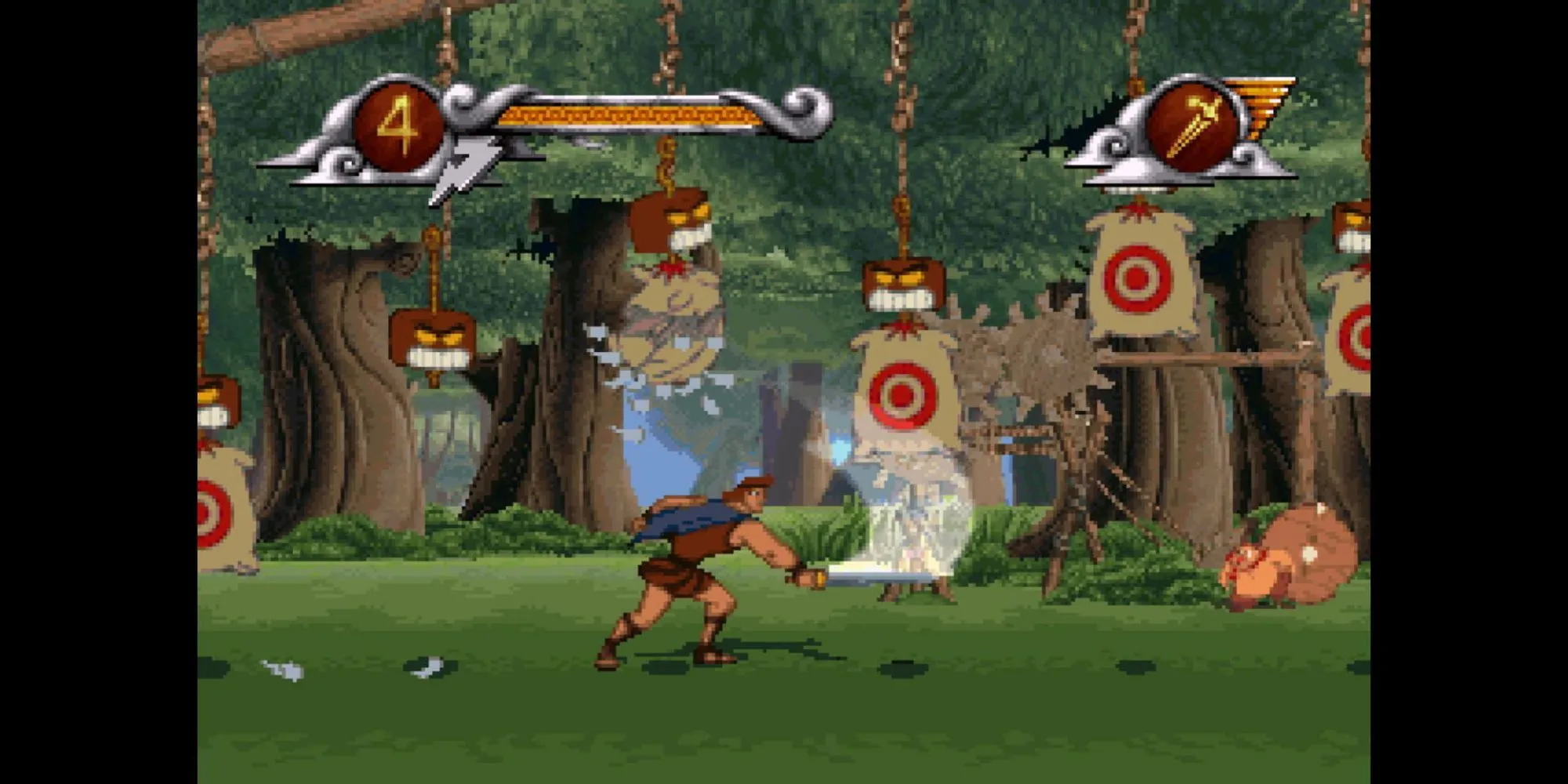 Anh hùng Hercules với thanh kiếm đang chạy trong màn chơi thành phố Thebes của game Disney's Hercules PS1
