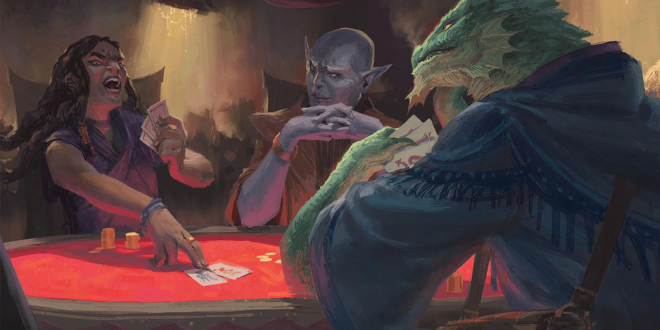 Ba người chơi game bài trong Dungeons &amp; Dragons, minh họa môi trường chơi thư giãn và không áp lực roleplay đối với người mới.