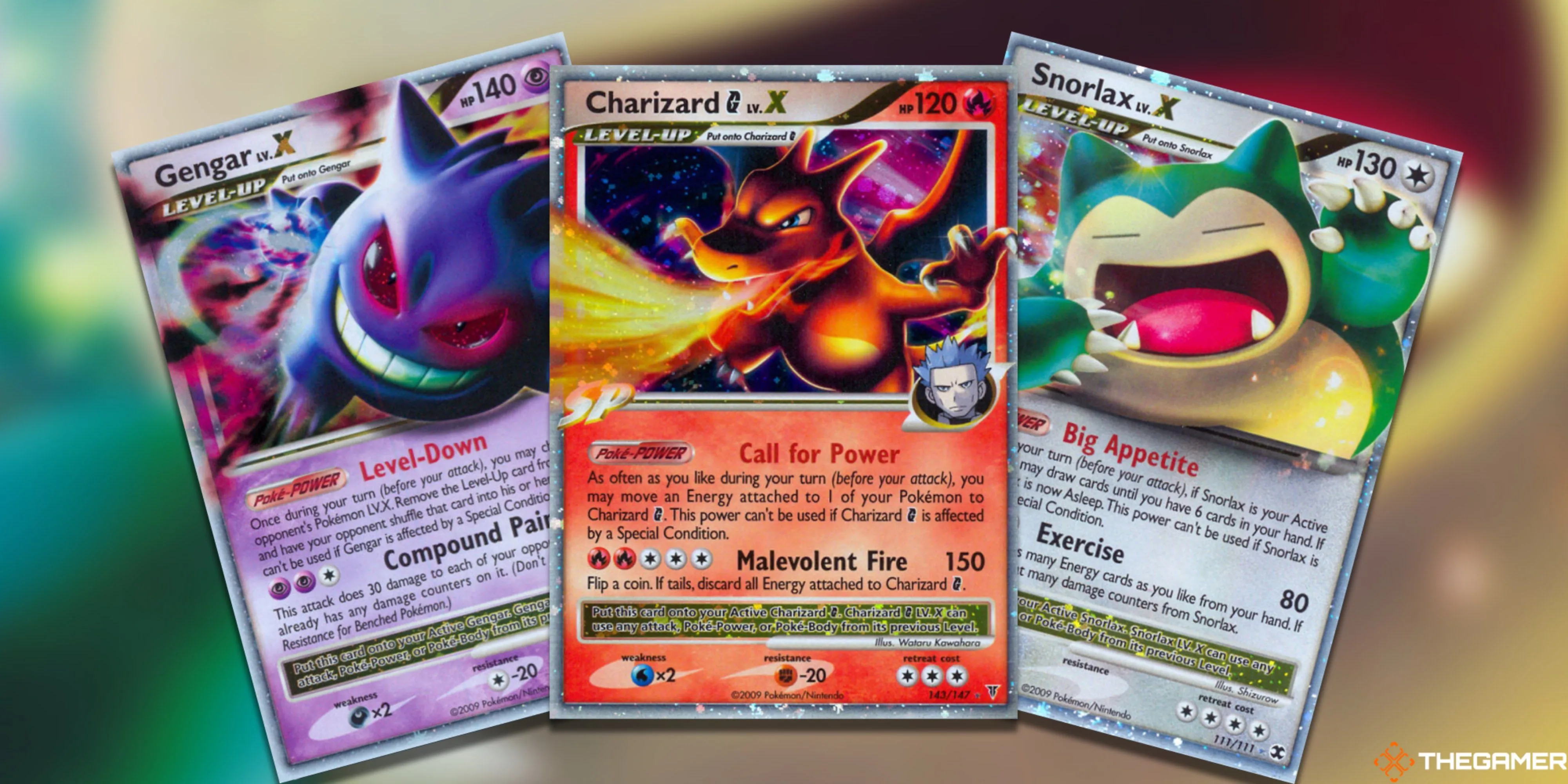 Ba thẻ bài Pokemon TCG LV. X: Gengar, Charizard G và Snorlax xếp quạt