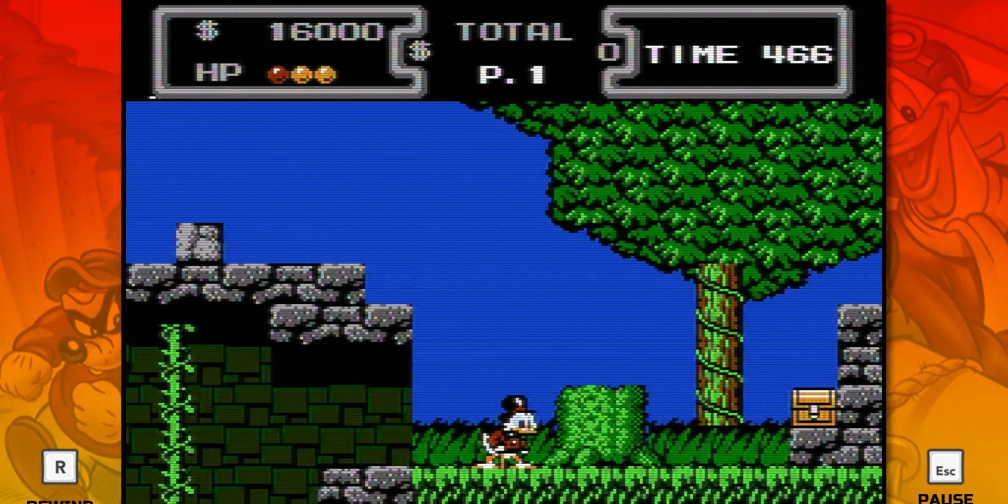Bác Scrooge McDuck đang nhảy trên đầu kẻ thù bằng gậy trong game DuckTales của Capcom