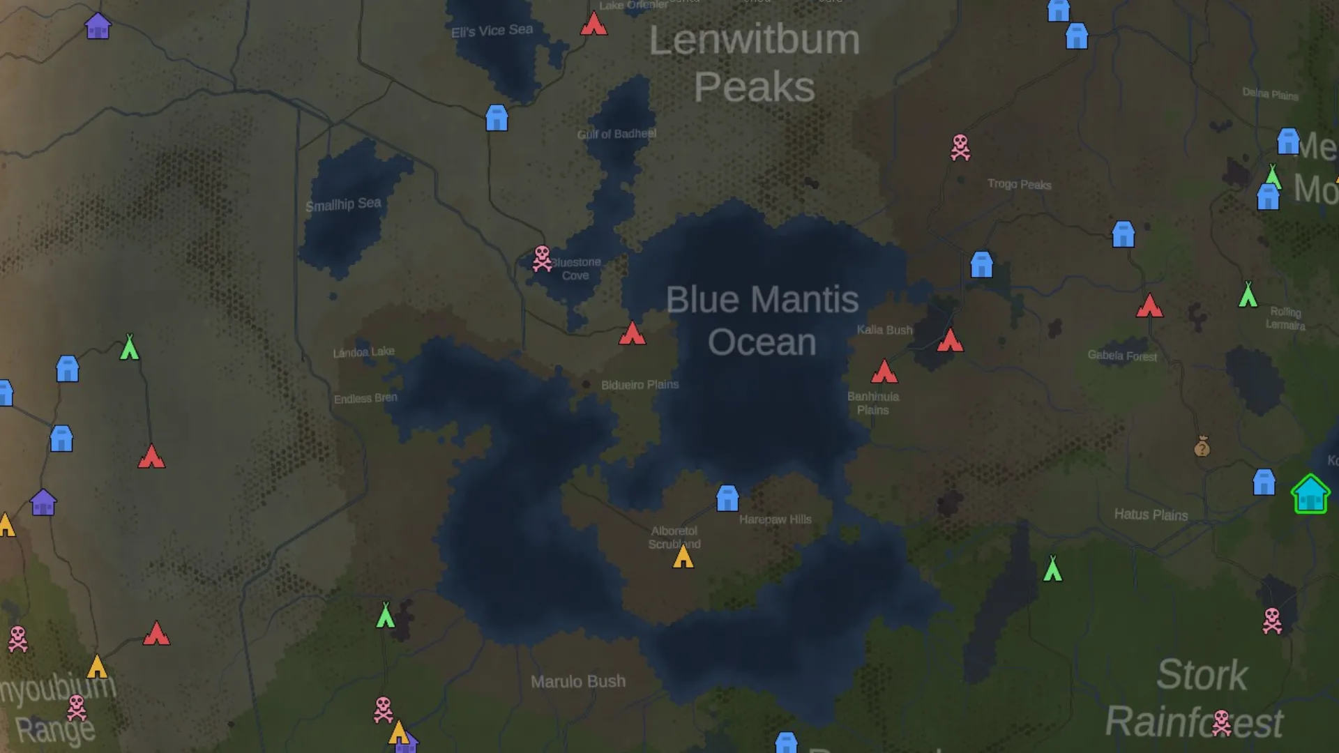 Bản đồ thế giới RimWorld Odyssey, nơi game thủ có thể khám phá và lựa chọn những vị trí tiềm năng để xây dựng khu vực câu cá.