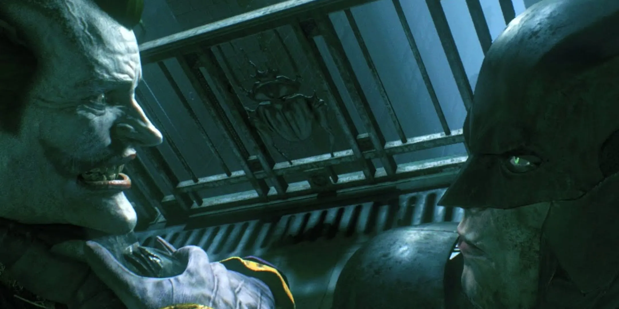 Batman nắm lấy cổ Joker trong phân cảnh cuối game Batman Arkham Knight, thể hiện sự đối đầu nội tâm