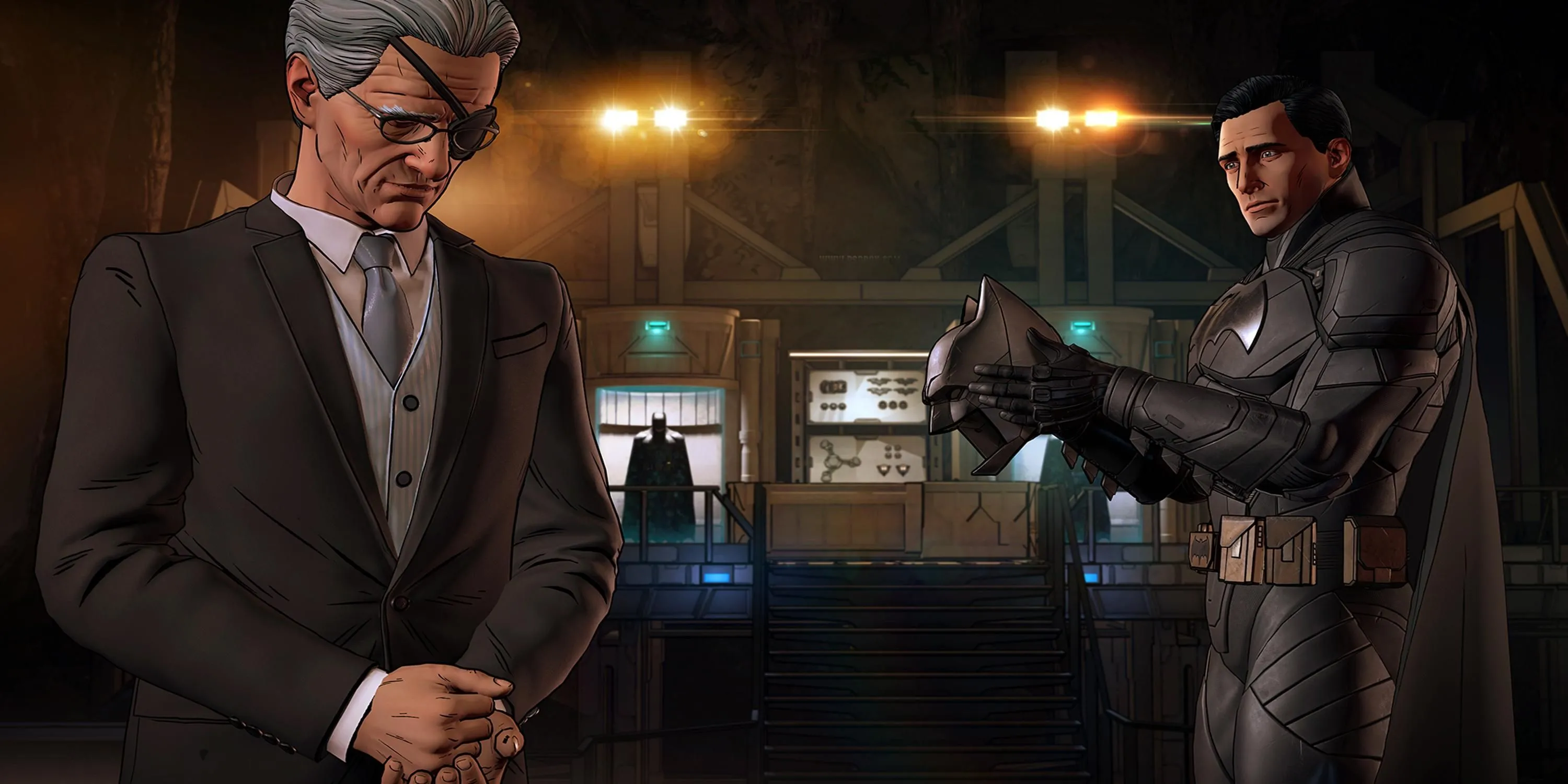 Batman và Alfred Pennyworth trong Batman: The Enemy Within, thể hiện khoảnh khắc trầm tư và sự hỗ trợ từ người quản gia thân cận.