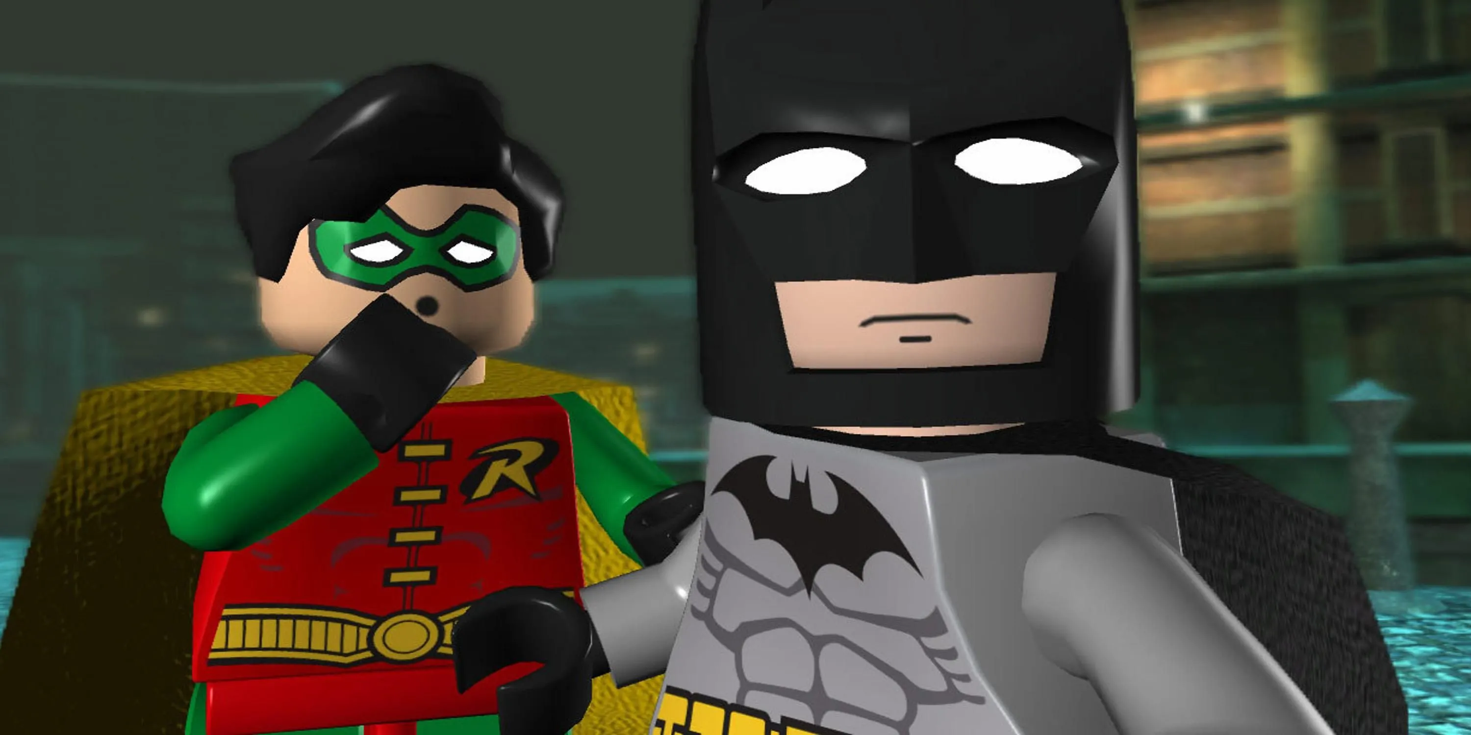 Batman và Robin đứng cạnh nhau trong Lego Batman: The Videogame, sẵn sàng cho cuộc phiêu lưu đầy vui nhộn.