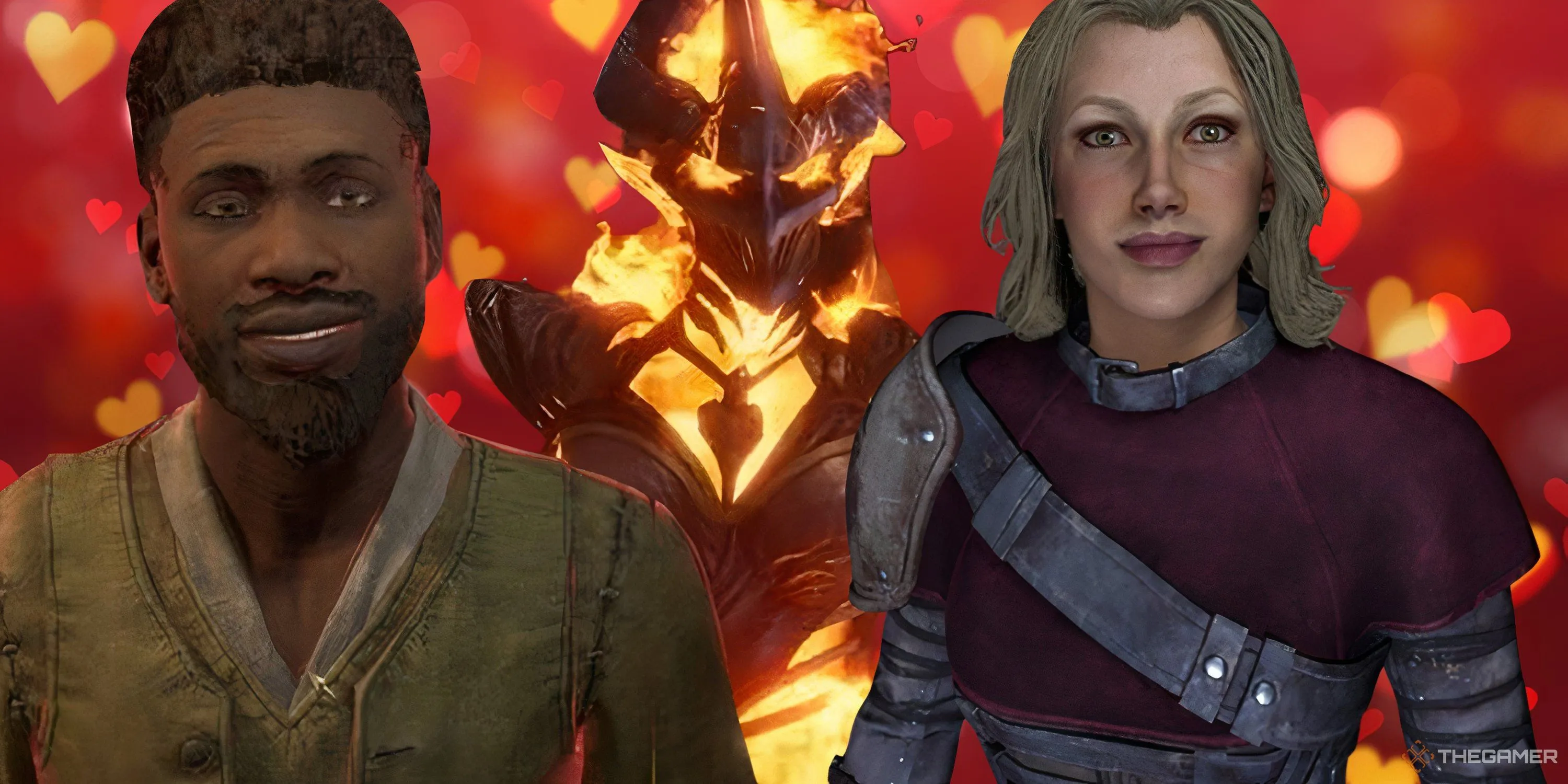 Baurus, Antoinetta Marie, và Flame Atronach từ Oblivion Remastered trên nền hình trái tim.