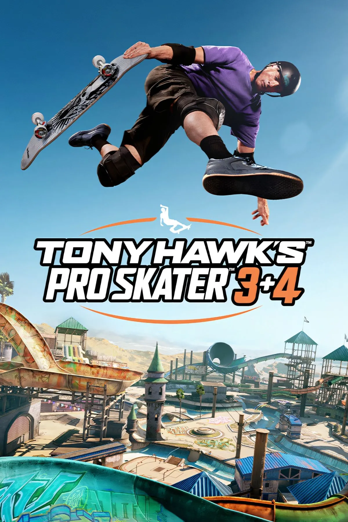 Bìa game Tony Hawk's Pro Skater 3 + 4 thể hiện logo và một vận động viên trượt ván