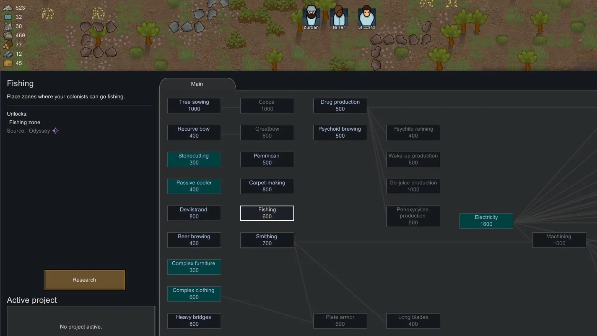 Biểu tượng nghiên cứu 'Fishing Node' trong RimWorld Odyssey, cánh cửa mở ra thế giới câu cá đa dạng cho colony của bạn.
