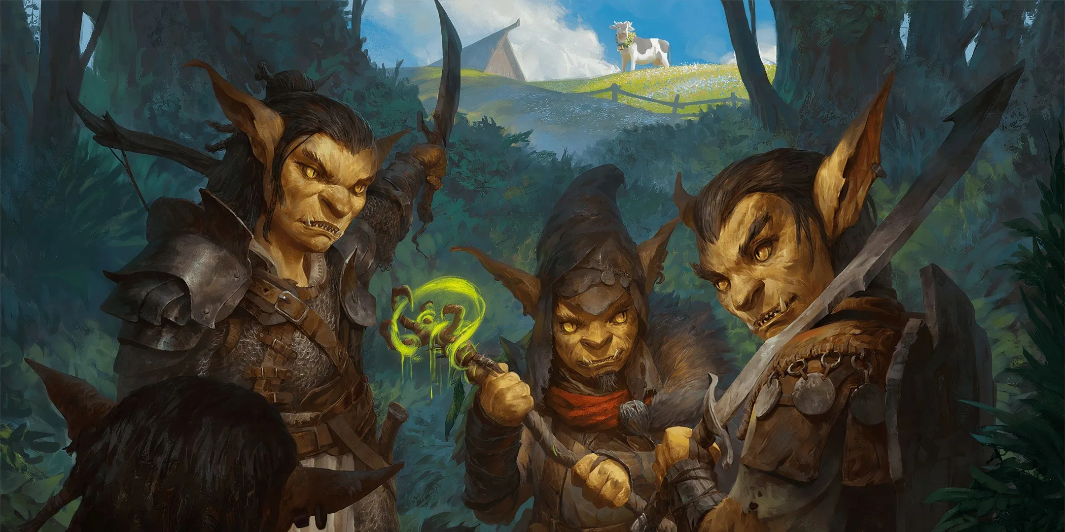 Bộ ba goblin lén lút trong bóng tối, minh họa kẻ thù cơ bản cho các kịch bản thử nghiệm Dungeons &amp; Dragons.