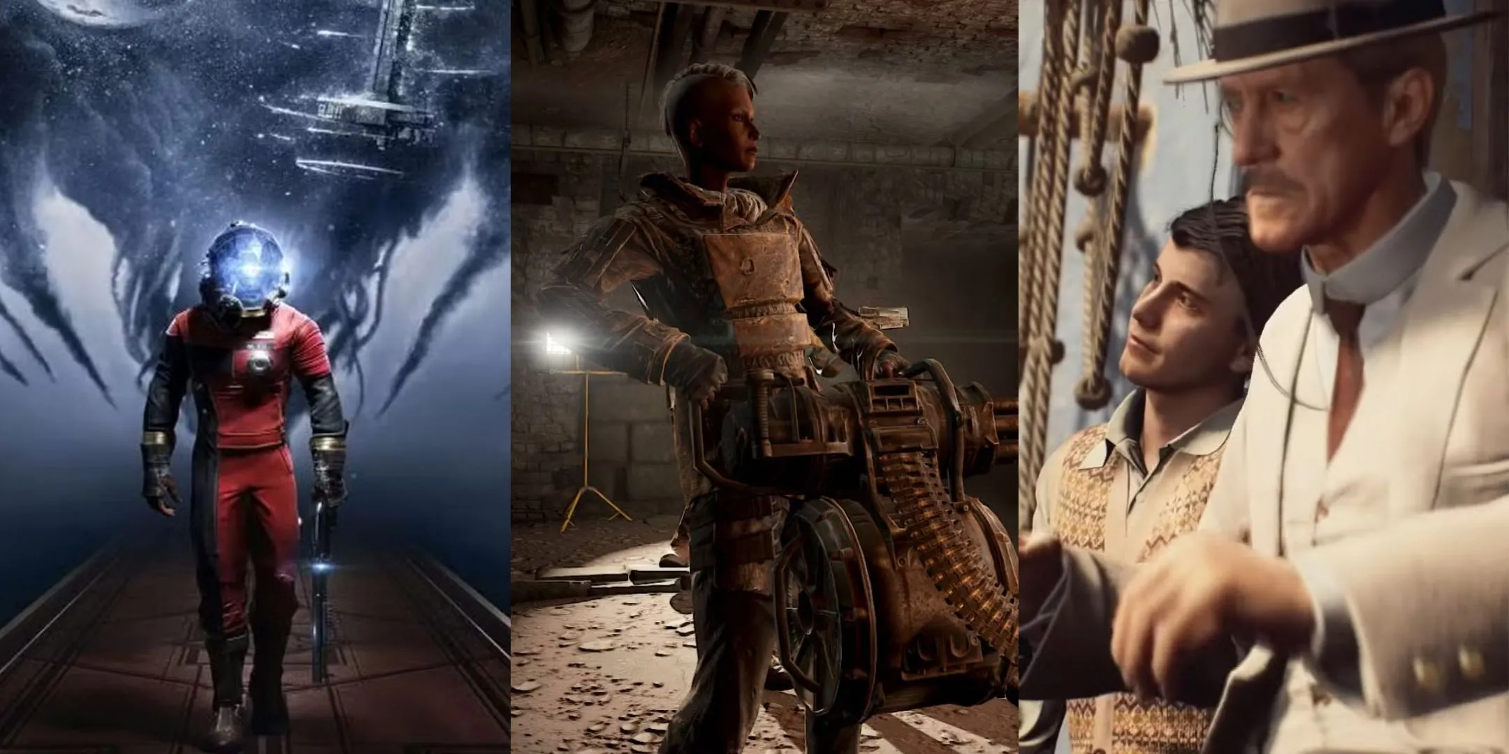 Bộ ba hình ảnh Prey, Fallout 4 và Indiana Jones And The Great Circle minh họa các nhiệm vụ phụ hấp dẫn trong game.