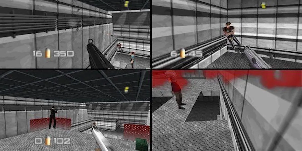 Bốn game thủ đang chơi chế độ nhiều người chơi trong Goldeneye 007