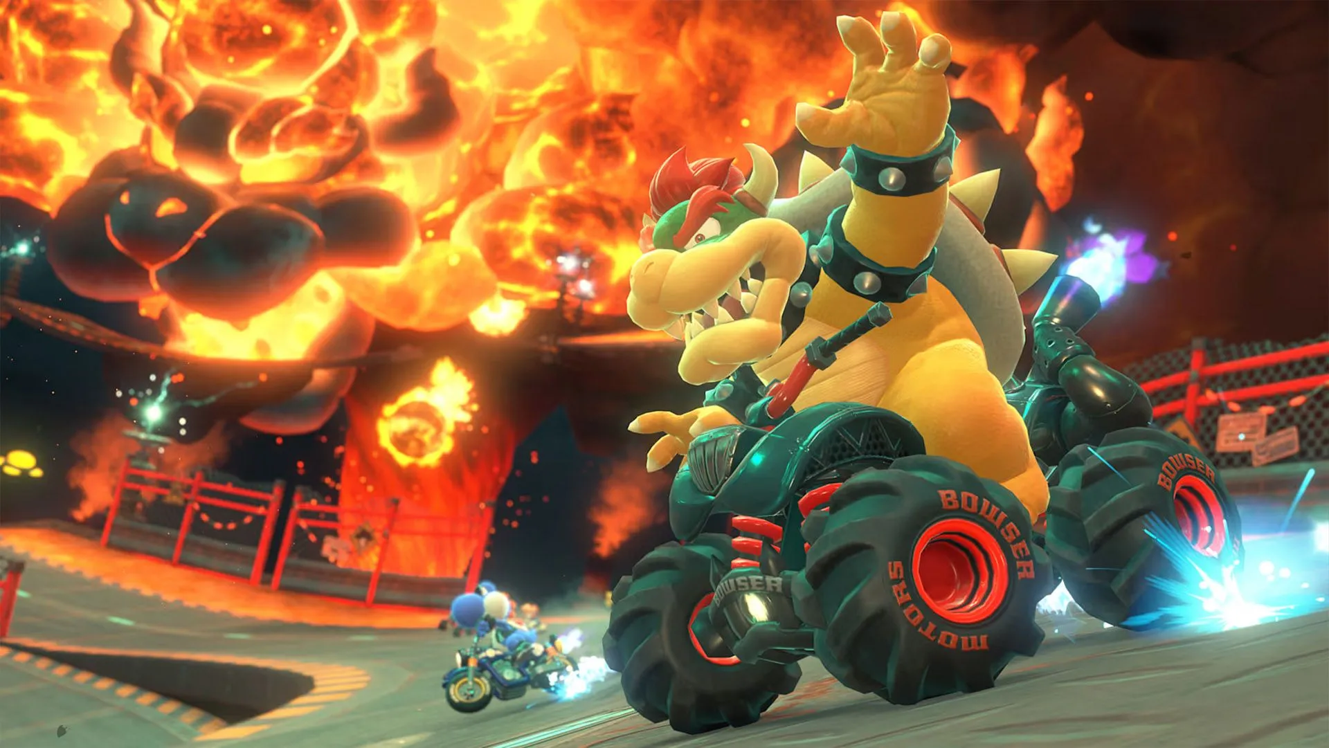 Bowser trong bộ đồ đua lửa trên đường đua núi lửa của Mario Kart World
