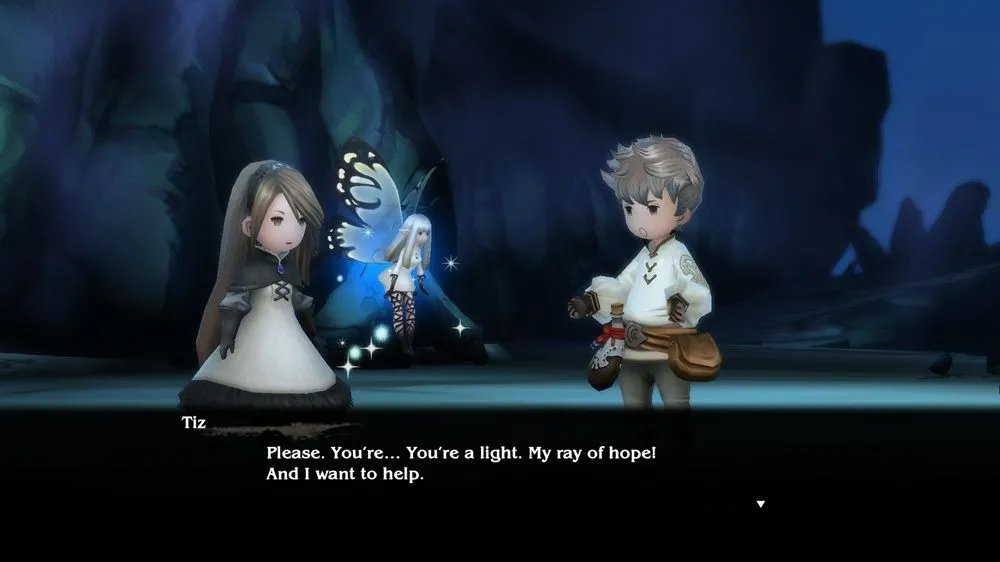 Bravely Default: Flying Fairy HD Remaster giới thiệu bốn dũng sĩ Tiz, Agnes, Ringabel và Edea trong thế giới Luxendarc.