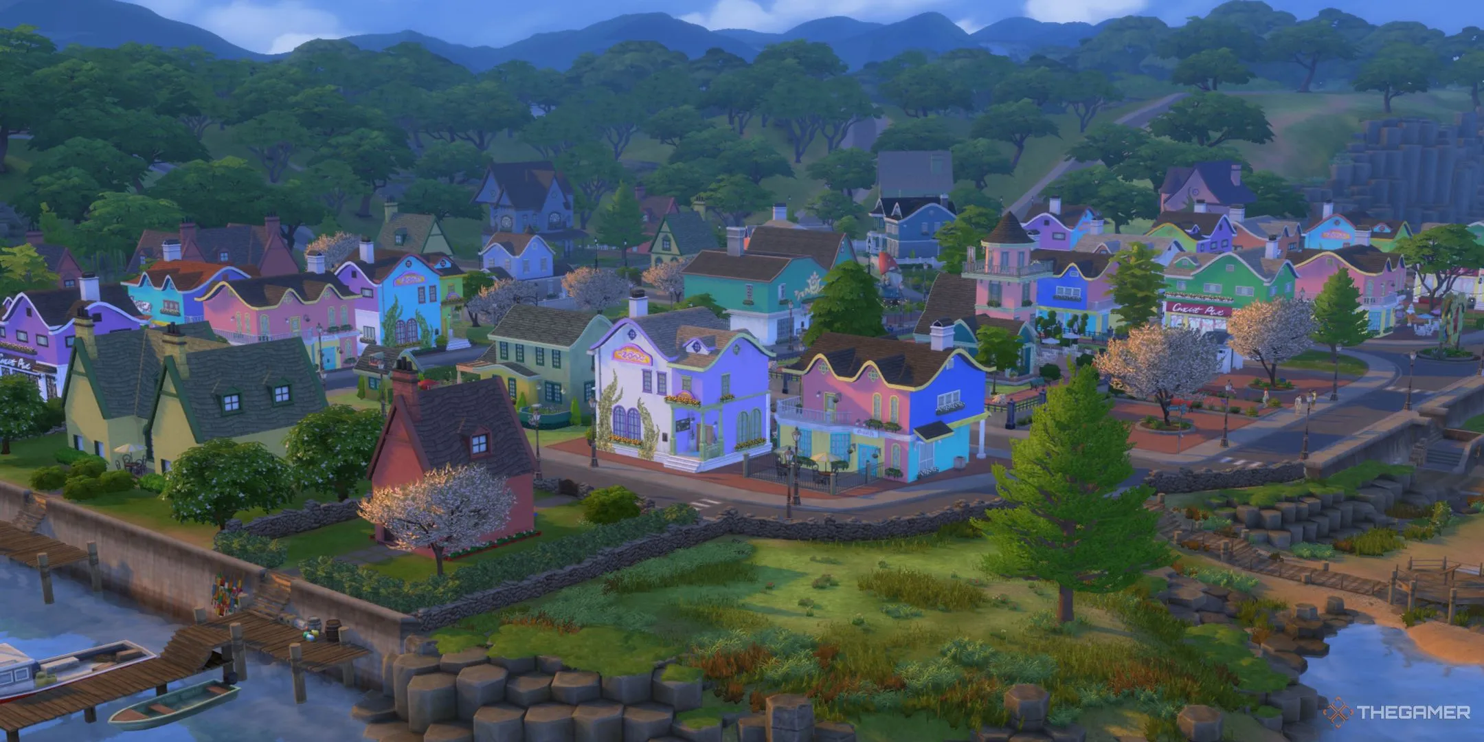Cảnh rộng khu vực Coast of Adhmor thơ mộng, một trong ba khu phố của thế giới Innisgreen trong Sims 4 Enchanted By Nature.