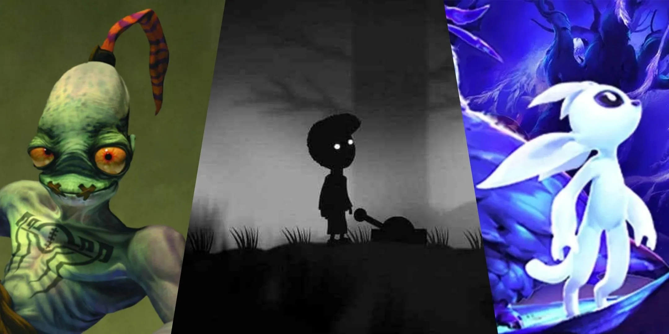 Cảnh từ các game Oddworld: Abe's Oddysee, Limbo, và Ori and the Will of the Wisps, đại diện cho những tựa game platformer có cốt truyện ấn tượng.