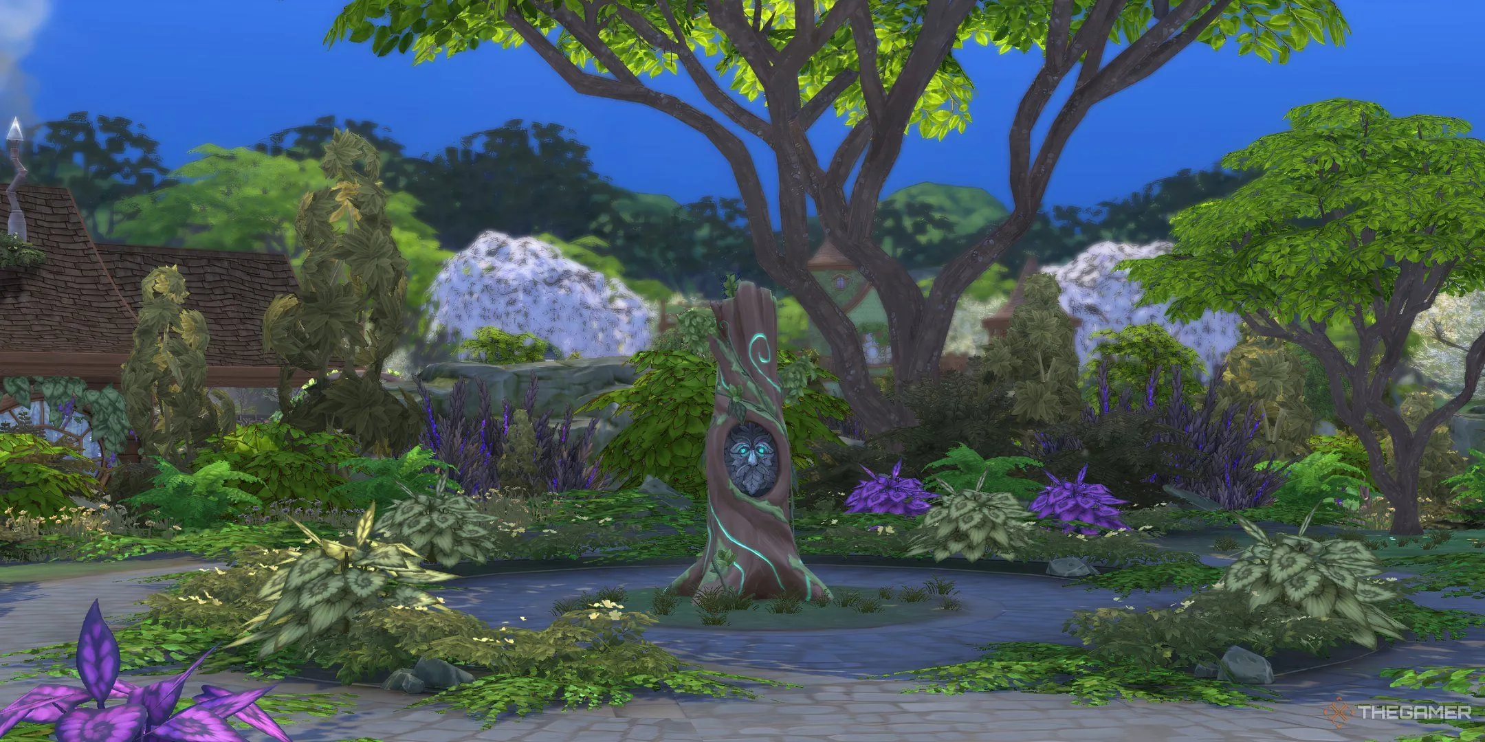 Cây Glasswood nằm trong vòng tròn đá ở Rừng Sprucederry, The Sims 4 Enchanted By Nature.