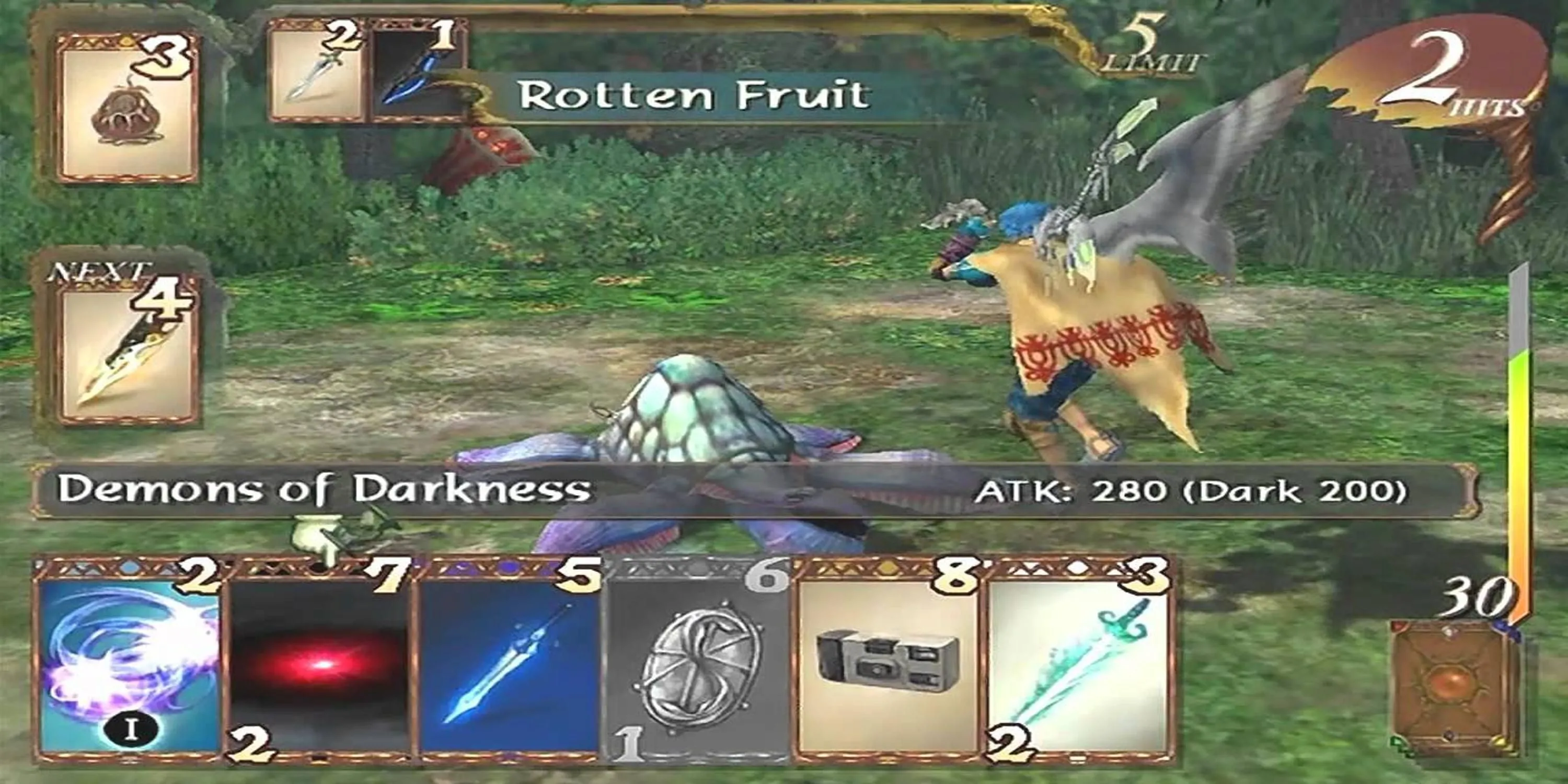 Chiến đấu với quái vật trong Baten Kaitos Origins, một tựa RPG độc đáo trên GameCube