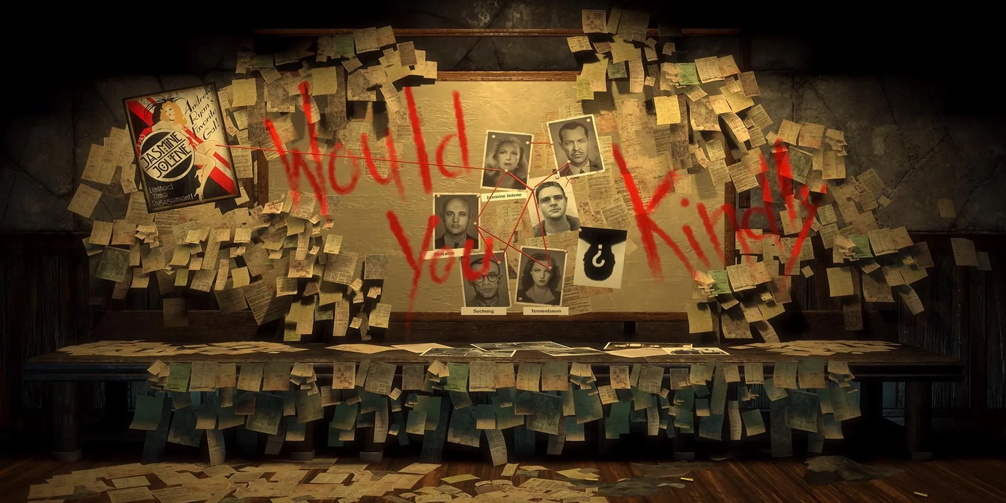 Chữ &quot;Would You Kindly&quot; viết bằng màu đỏ trên một bức tường trong Bioshock