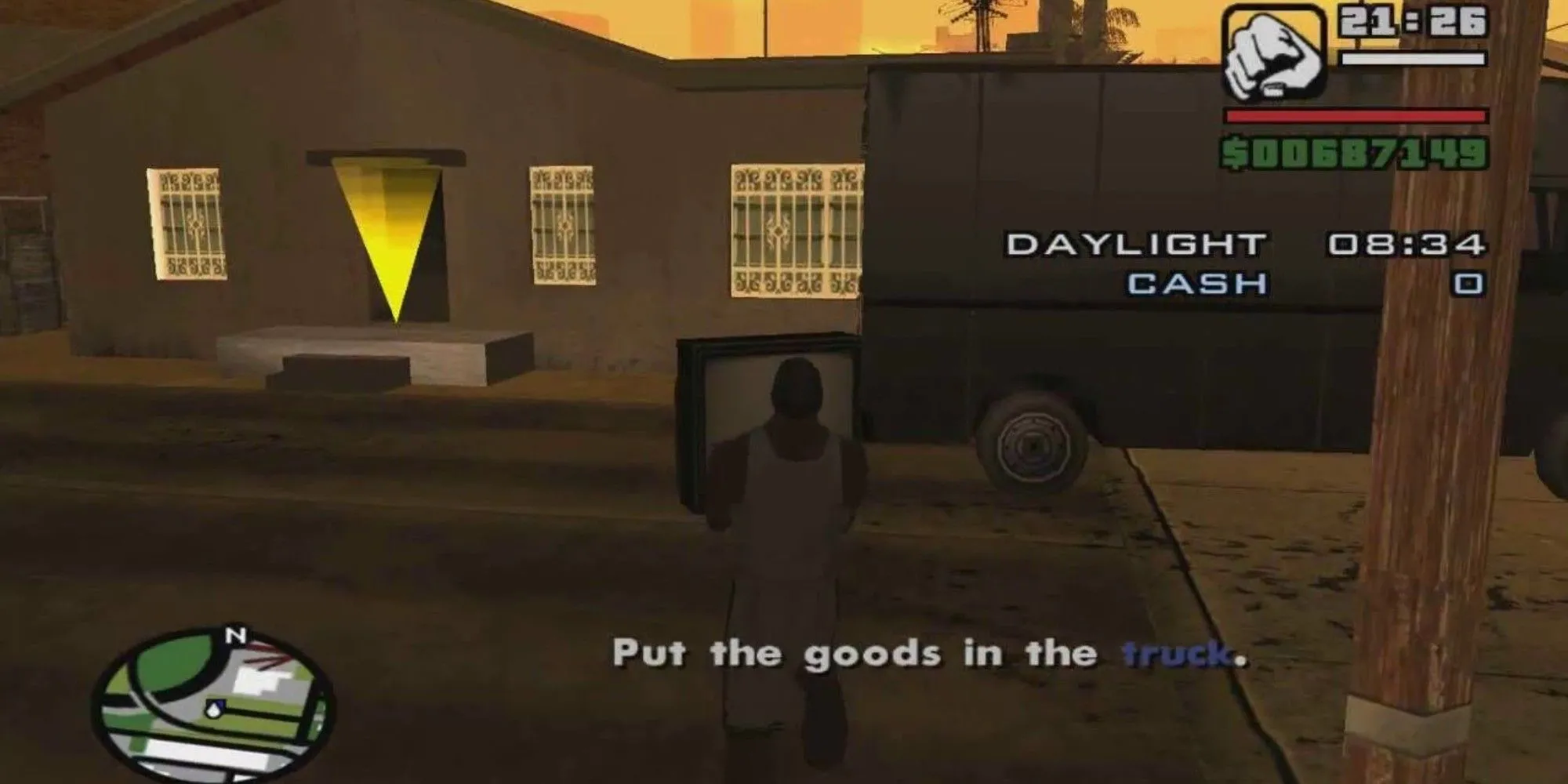 CJ lén lút vận chuyển TV trộm cắp trong Grand Theft Auto: San Andreas, minh họa nhiệm vụ ẩn nấp gượng ép.