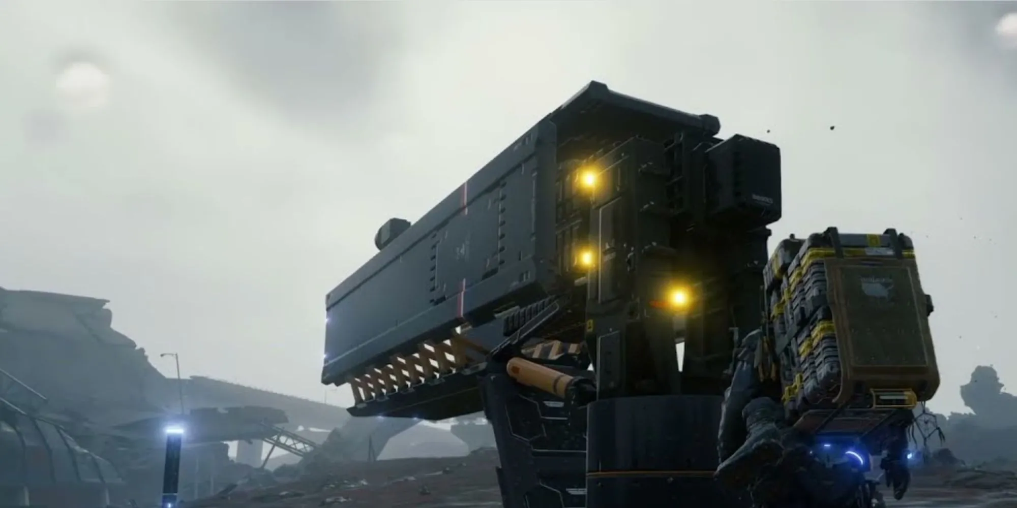 Cơ chế Cargo Catapult trong Death Stranding phóng các thùng hàng, một công cụ hỗ trợ di chuyển sáng tạo