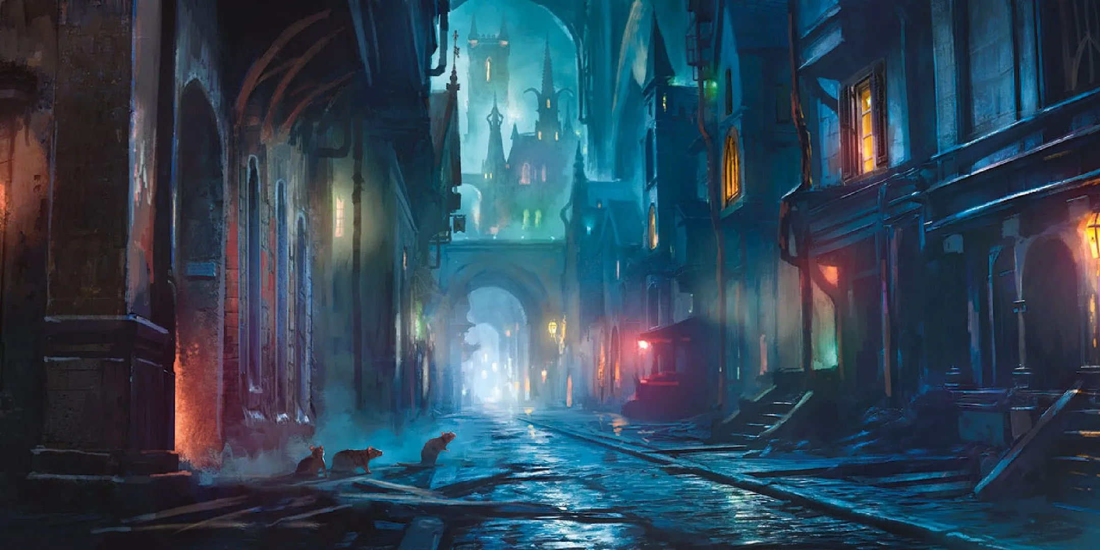 Con phố tối với ánh đèn lờ mờ, tượng trưng cho xuất thân Lãng Khách trong Dungeons &amp; Dragons và kỹ năng sống đường phố.