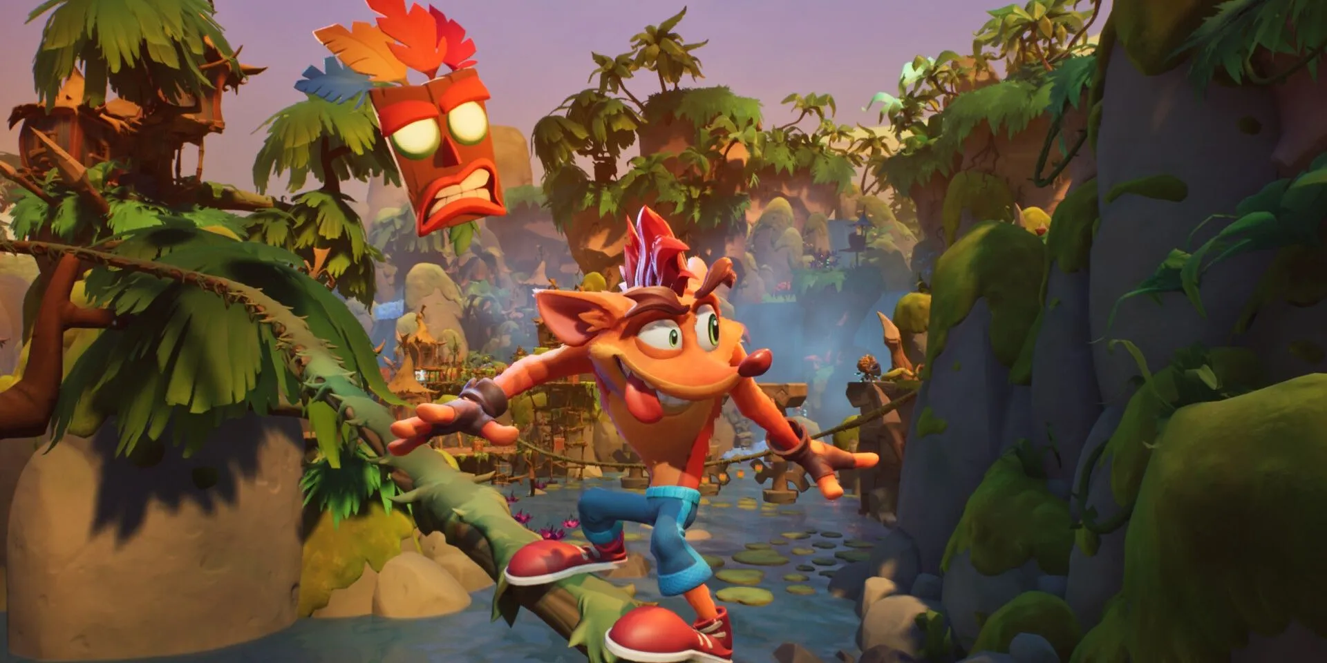 Crash trượt trên dây leo trong Crash Bandicoot 4.