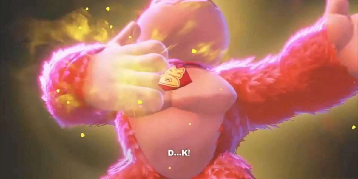 Donkey Kong đánh trống ngực để kích hoạt sức mạnh Bananza đặc biệt.