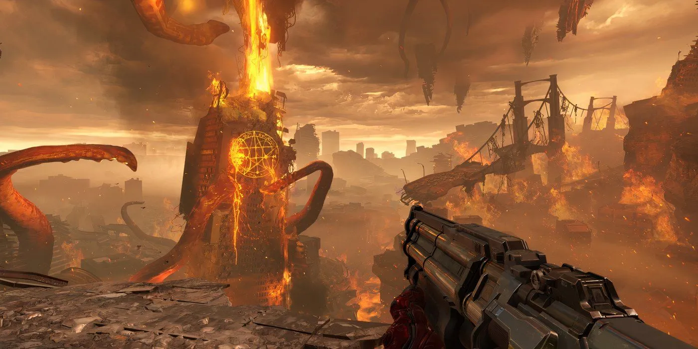 DOOM Eternal - Doom Slayer nhìn vào thành phố đổ nát trên Trái Đất