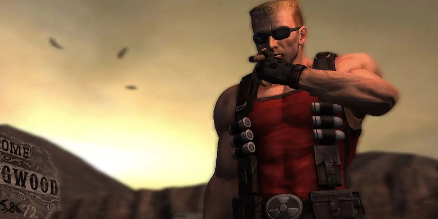 Duke Nukem đang hút xì gà trong cảnh game Duke Nukem Forever