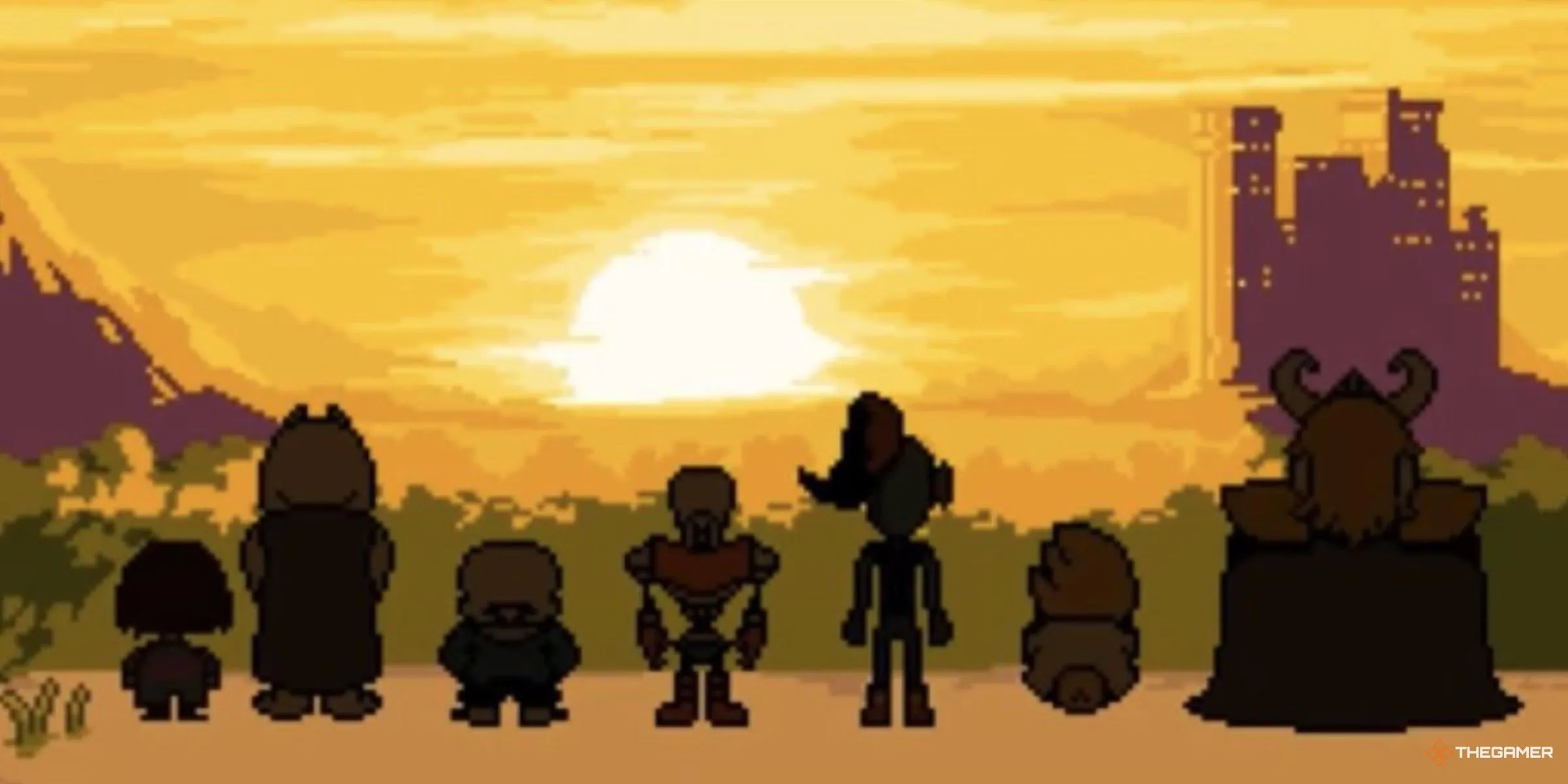 Frisk, Toriel, Sans, Papyrus, Undyne, Alphys và Asgore ngắm hoàng hôn cuối game Undertale