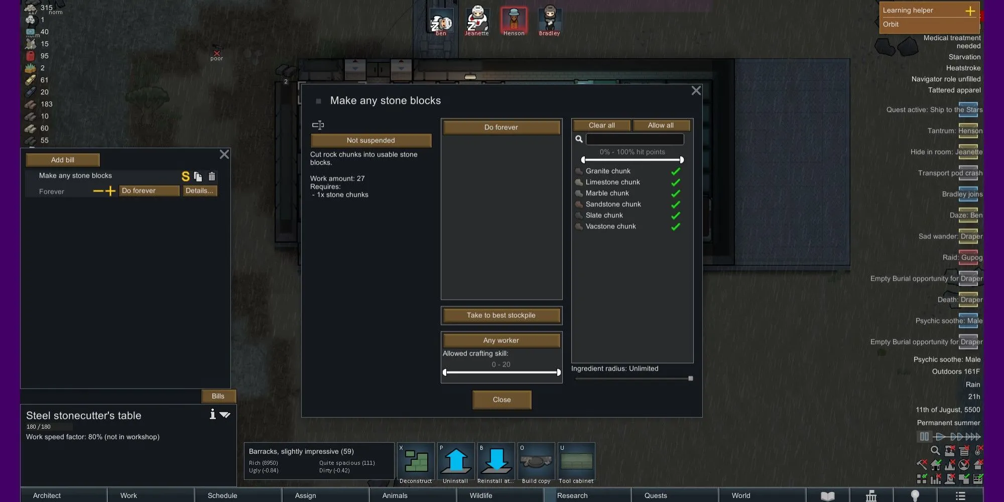 Game thủ RimWorld đang xem các tùy chọn chế tác khối đá tại bàn Stonecutter