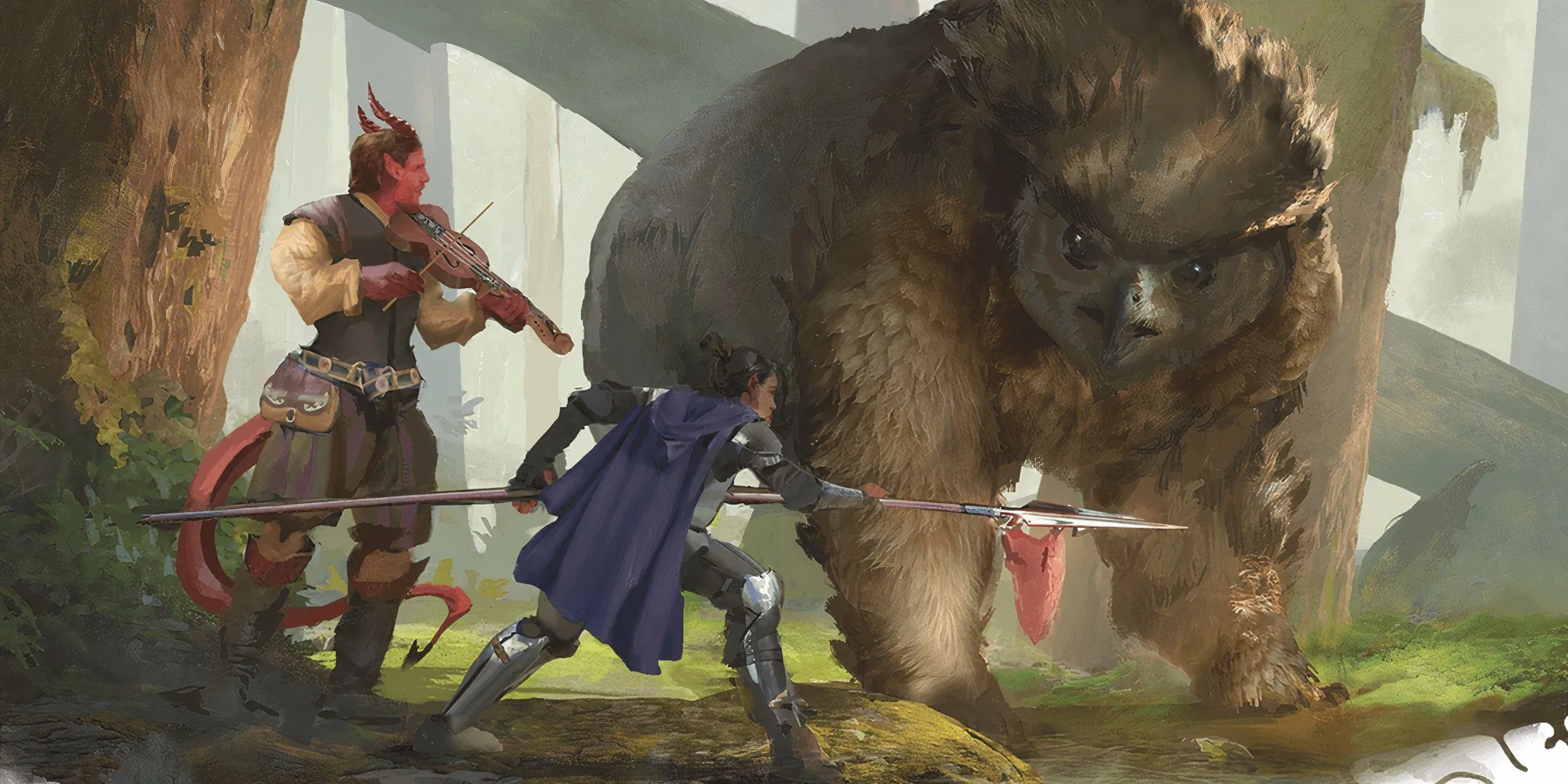 Hai nhà thám hiểm đối thoại với quái vật Owlbear, minh họa sự tương tác trong game và vai trò hỗ trợ của người chơi kỳ cựu trong D&amp;D.