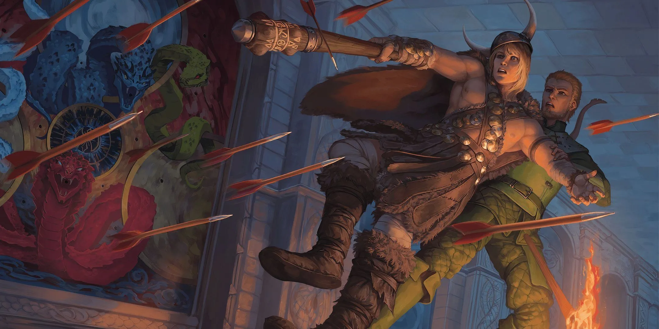 Hai nhà thám hiểm vướng vào bẫy tên, thể hiện khoảnh khắc thất bại và cách Dungeon Master hỗ trợ người chơi mới vượt qua thử thách trong D&amp;D.