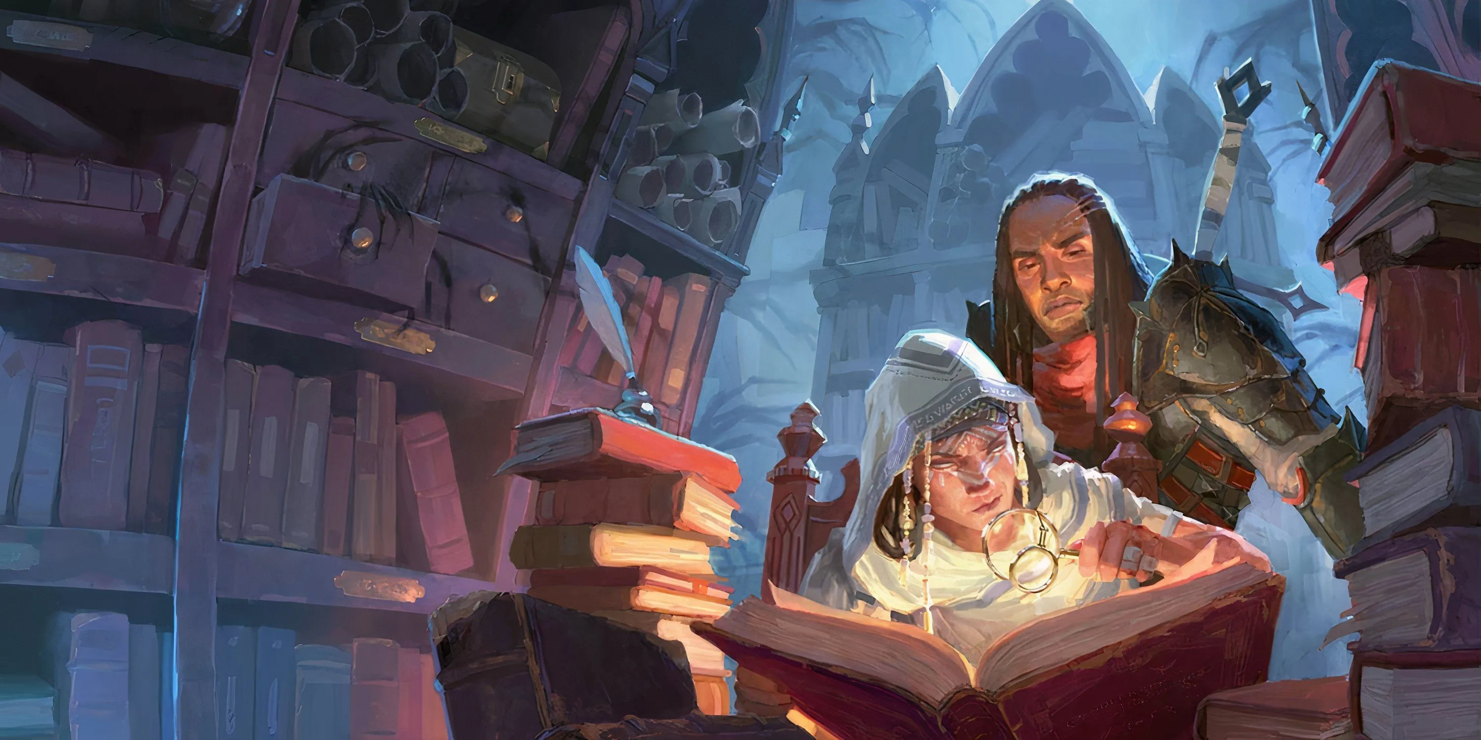 Hai pháp sư nghiên cứu sách cổ trong thư viện tối, biểu trưng cho sự kiên nhẫn cần có của Dungeon Master khi hướng dẫn người chơi mới Dungeons &amp; Dragons.